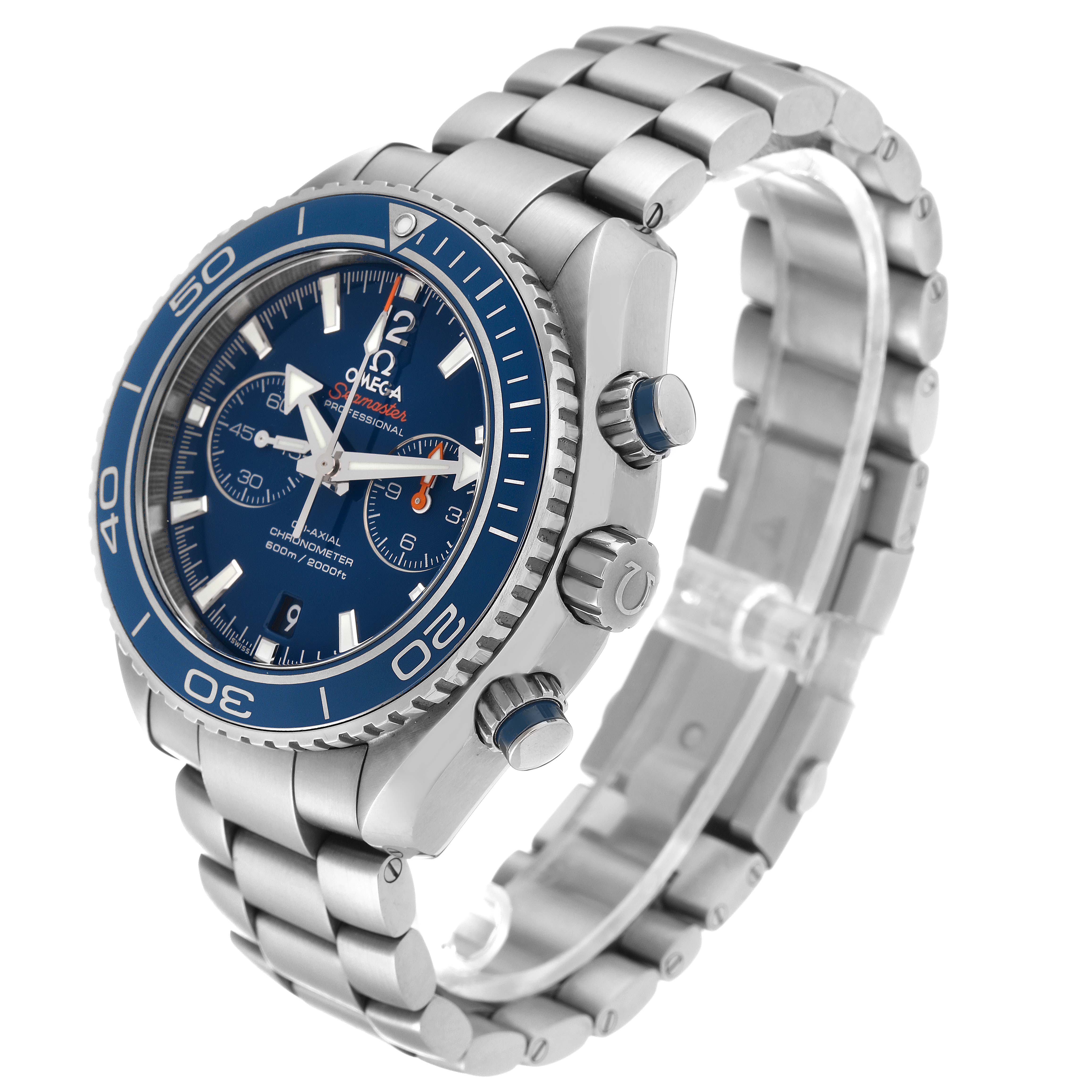 The image shows a side and frontal angle of the Omega Planet Ocean 232.90.46.51.03.001 Men
s Titanium Blue Dial 232.90.46.51.03.001 Men
s Titanium Blue Dial watch, highlighting the bezel, crown, and bracelet.