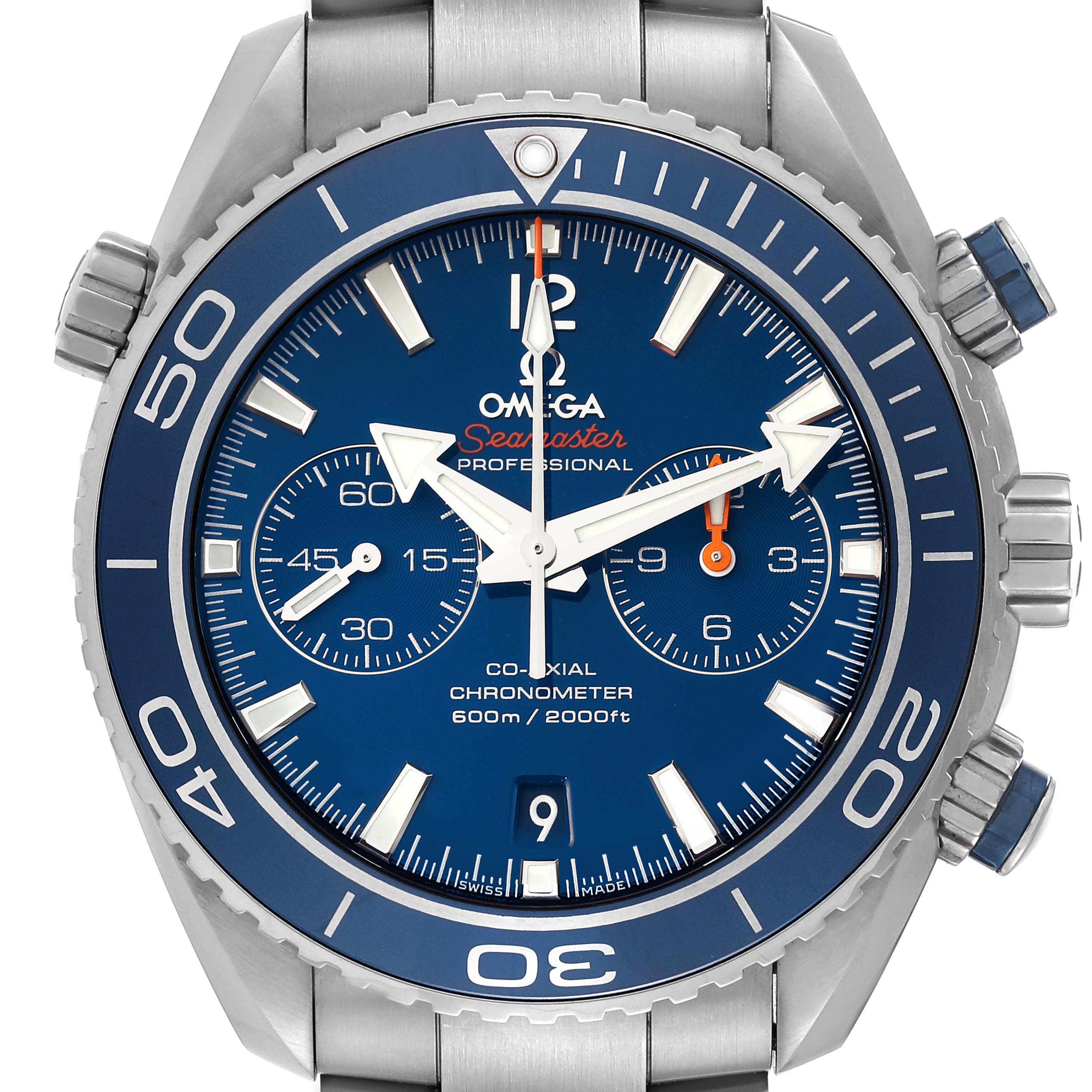 The image shows a front view of the Omega Planet Ocean 232.90.46.51.03.001 Men
s Titanium Blue Dial 232.90.46.51.03.001 Men
s Titanium Blue Dial Seamaster watch, highlighting its dial, crown, and bezel.