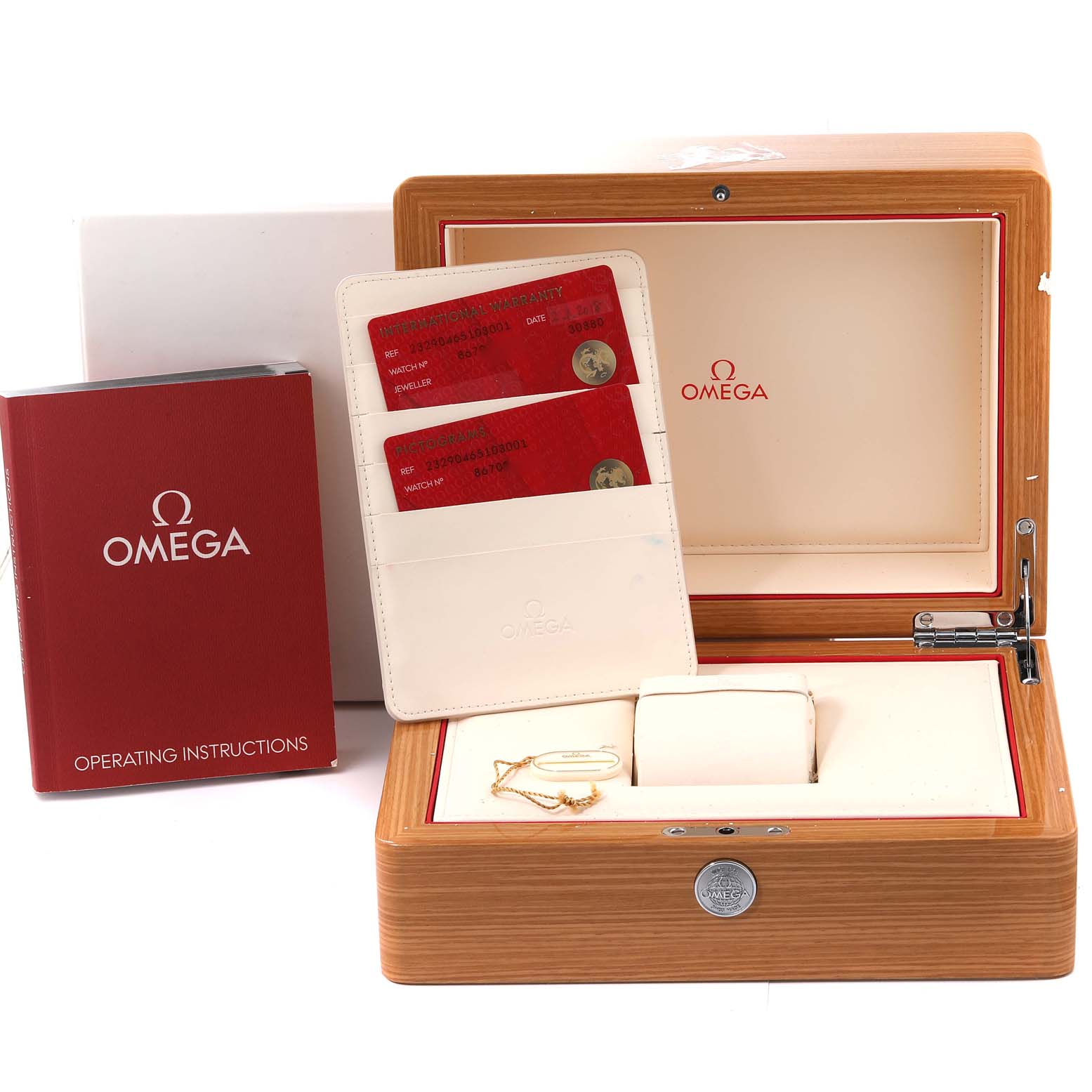 The image shows an Omega Planet Ocean 232.90.46.51.03.001 Men
s Titanium Blue Dial 232.90.46.51.03.001 Men
s Titanium Blue Dial watch set with the watch box open, operating instructions, and warranty cards.