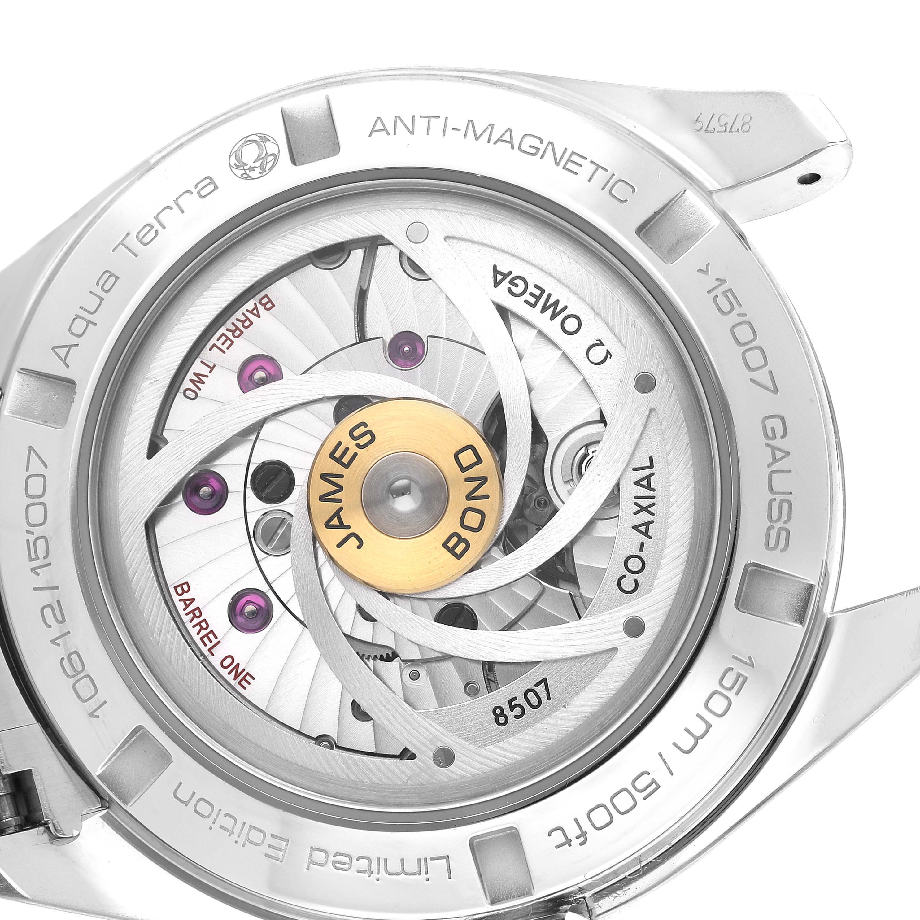 This image shows the back view of the Omega Aqua Terra 231.10.42.21.03.004 Men's Stainless Steel Blue Dial 231.10.42.21.03.004 Men's Stainless Steel Blue Dial watch, displaying the inner mechanisms and engravings on the case.