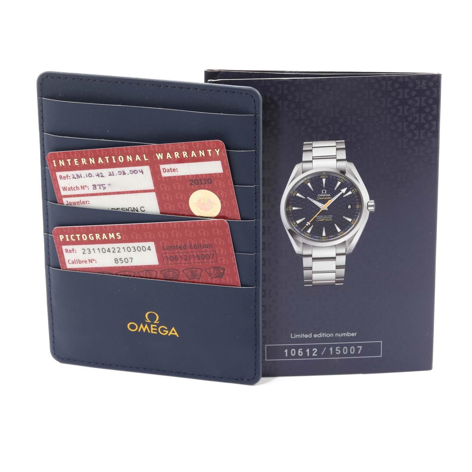 The image shows a warranty cardholder and booklet for the Omega Aqua Terra 231.10.42.21.03.004 Men's Stainless Steel Blue Dial 231.10.42.21.03.004 Men's Stainless Steel Blue Dial model watch, displaying international warranty and pictogram cards.