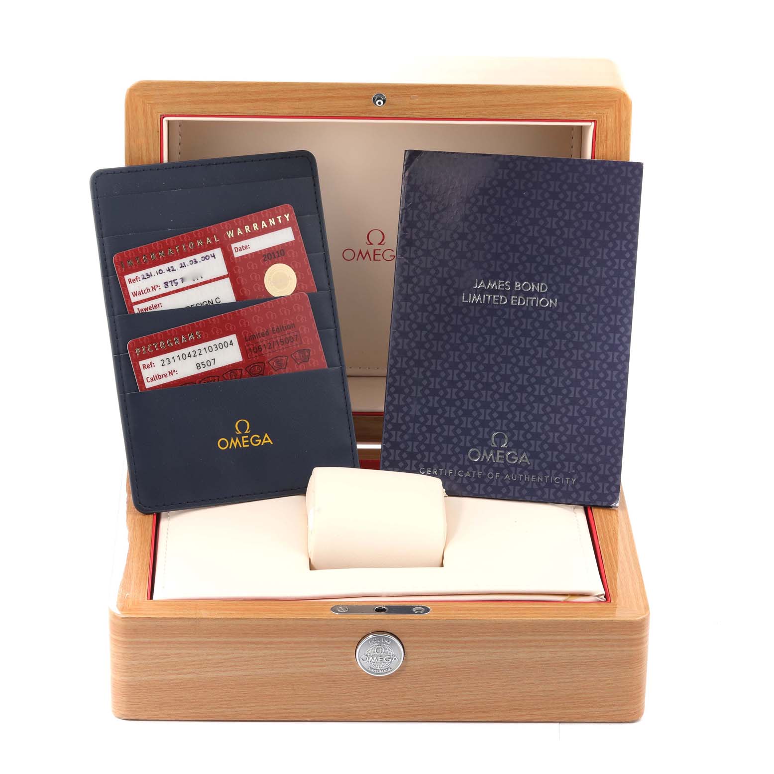 The image showcases the Omega Aqua Terra 231.10.42.21.03.004 Men's Stainless Steel Blue Dial 231.10.42.21.03.004 Men's Stainless Steel Blue Dial watch packaging with warranty cards, a certificate of authenticity, and a watch display pillow.