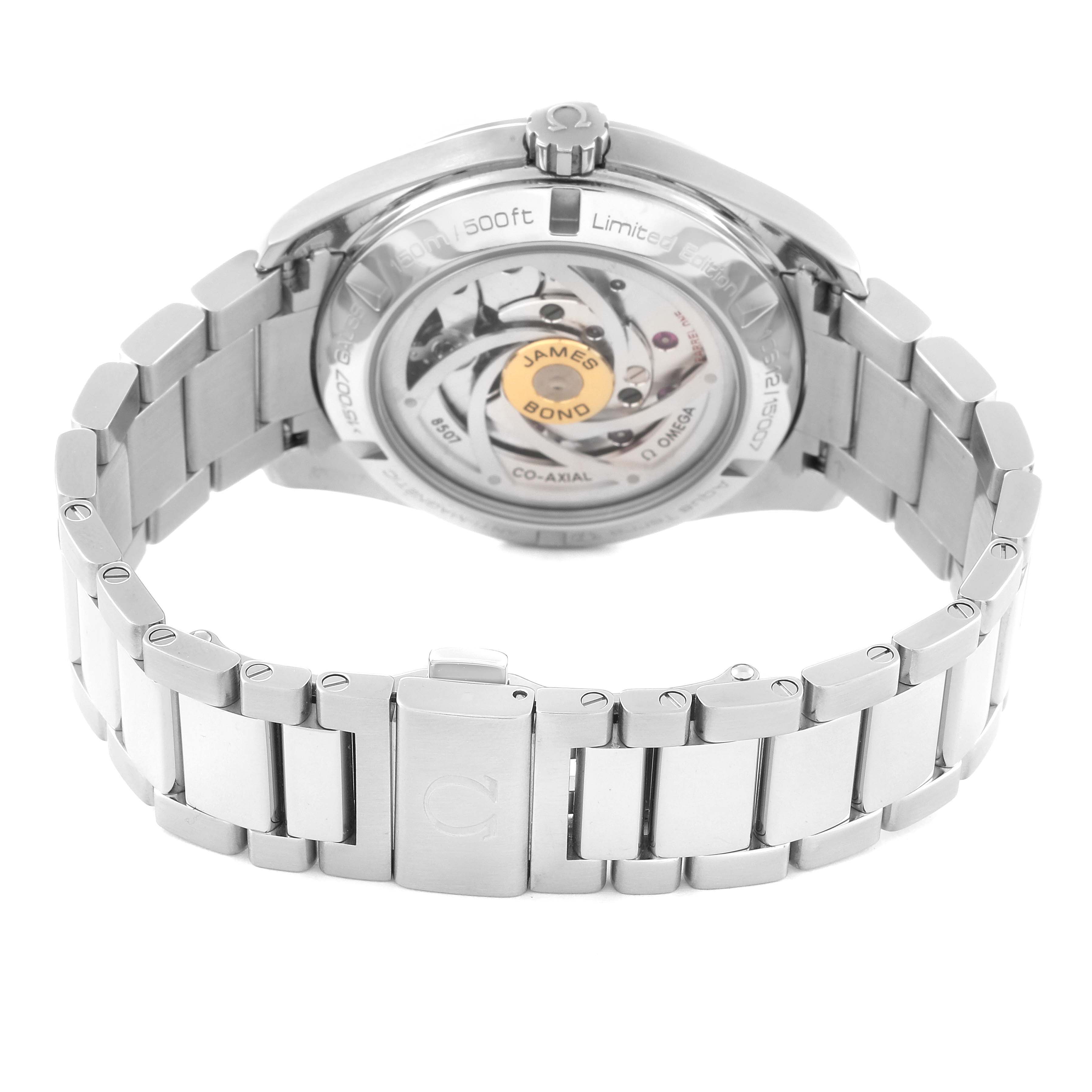 The image shows the back and bracelet of an Omega Aqua Terra 231.10.42.21.03.004 Men's Stainless Steel Blue Dial 231.10.42.21.03.004 Men's Stainless Steel Blue Dial model watch, highlighting its exposure of the movement and branded clasp.