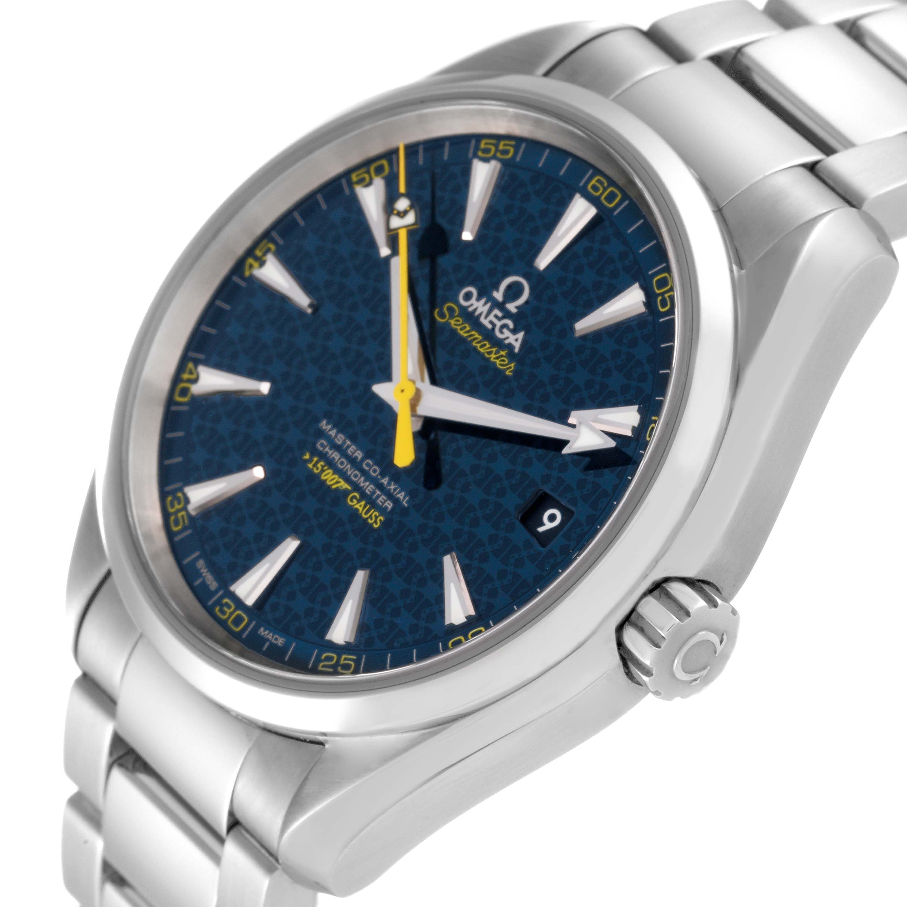 The image shows the face and side of an Omega Aqua Terra 231.10.42.21.03.004 Men's Stainless Steel Blue Dial 231.10.42.21.03.004 Men's Stainless Steel Blue Dial watch, highlighting its crown, dial, and stainless steel bracelet.