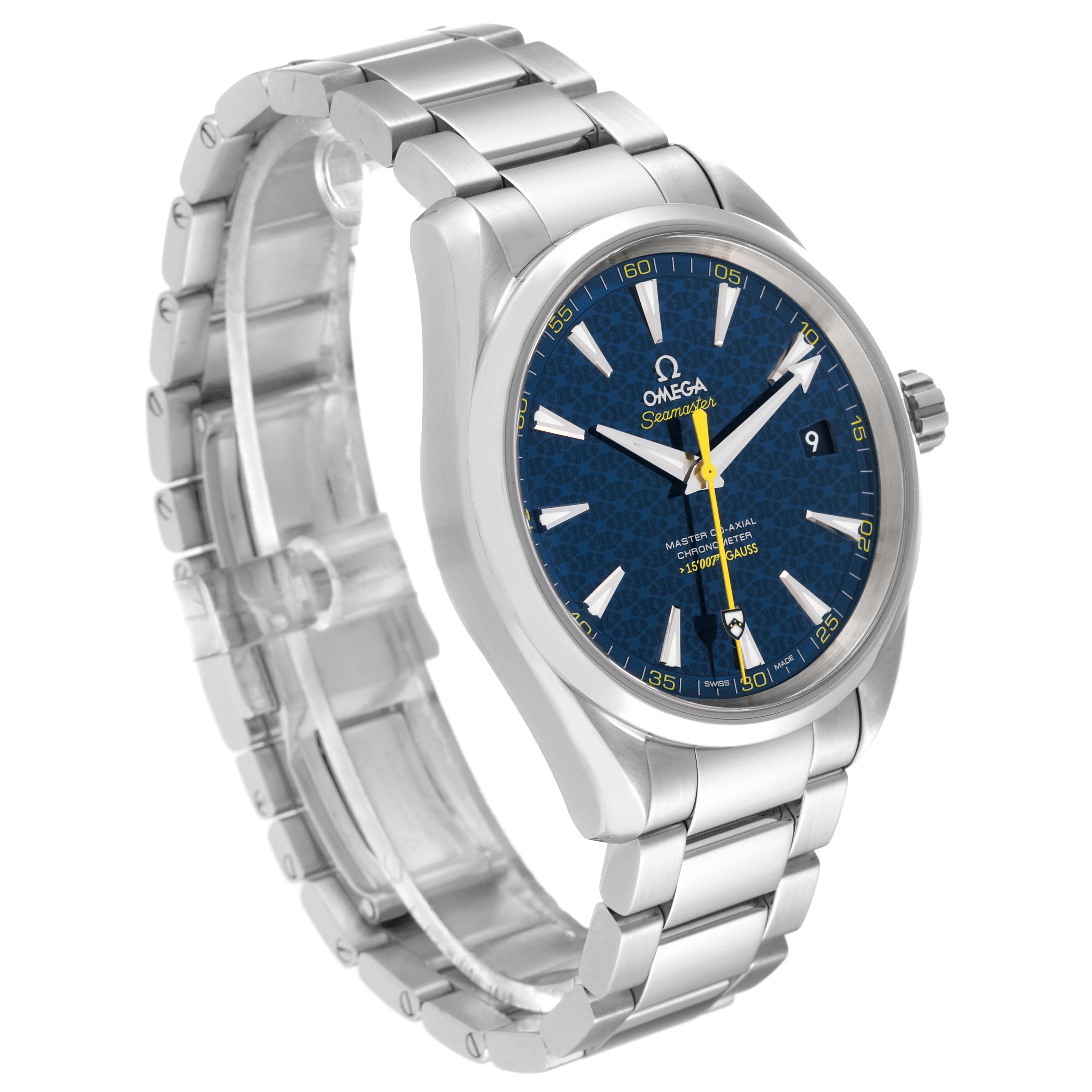 The Omega Aqua Terra 231.10.42.21.03.004 Men's Stainless Steel Blue Dial 231.10.42.21.03.004 Men's Stainless Steel Blue Dial watch is shown at an angle highlighting the face, bezel, and stainless steel bracelet.