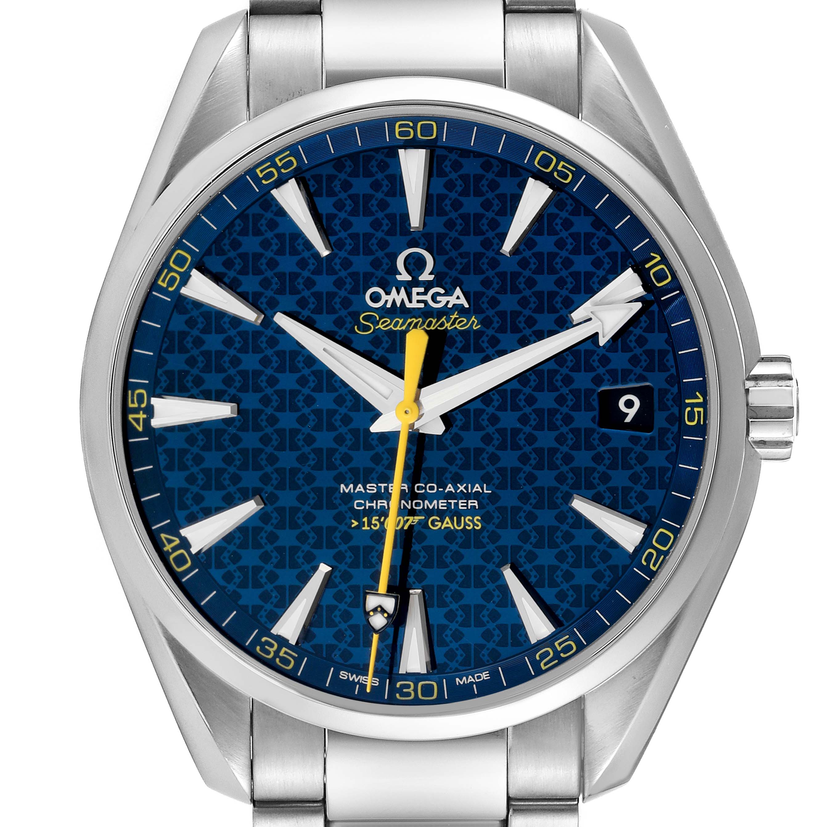 This Omega Aqua Terra 231.10.42.21.03.004 Men's Stainless Steel Blue Dial 231.10.42.21.03.004 Men's Stainless Steel Blue Dial watch is shown from a front angle, highlighting the dial, hands, indexes, and date window.