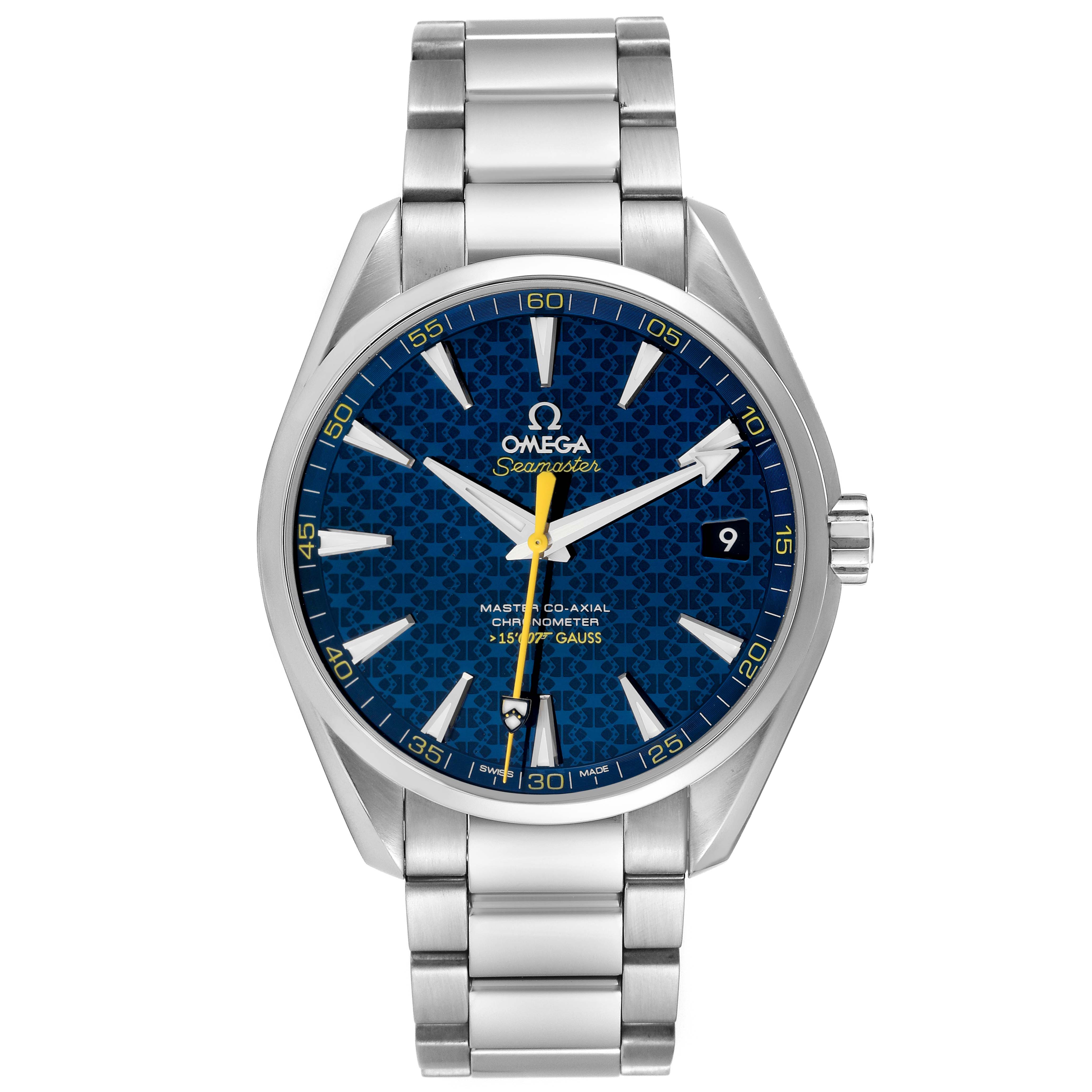 This image shows a front view of the Omega Aqua Terra 231.10.42.21.03.004 Men's Stainless Steel Blue Dial 231.10.42.21.03.004 Men's Stainless Steel Blue Dial Seamaster watch, featuring its dial, hands, bracelet, and crown.