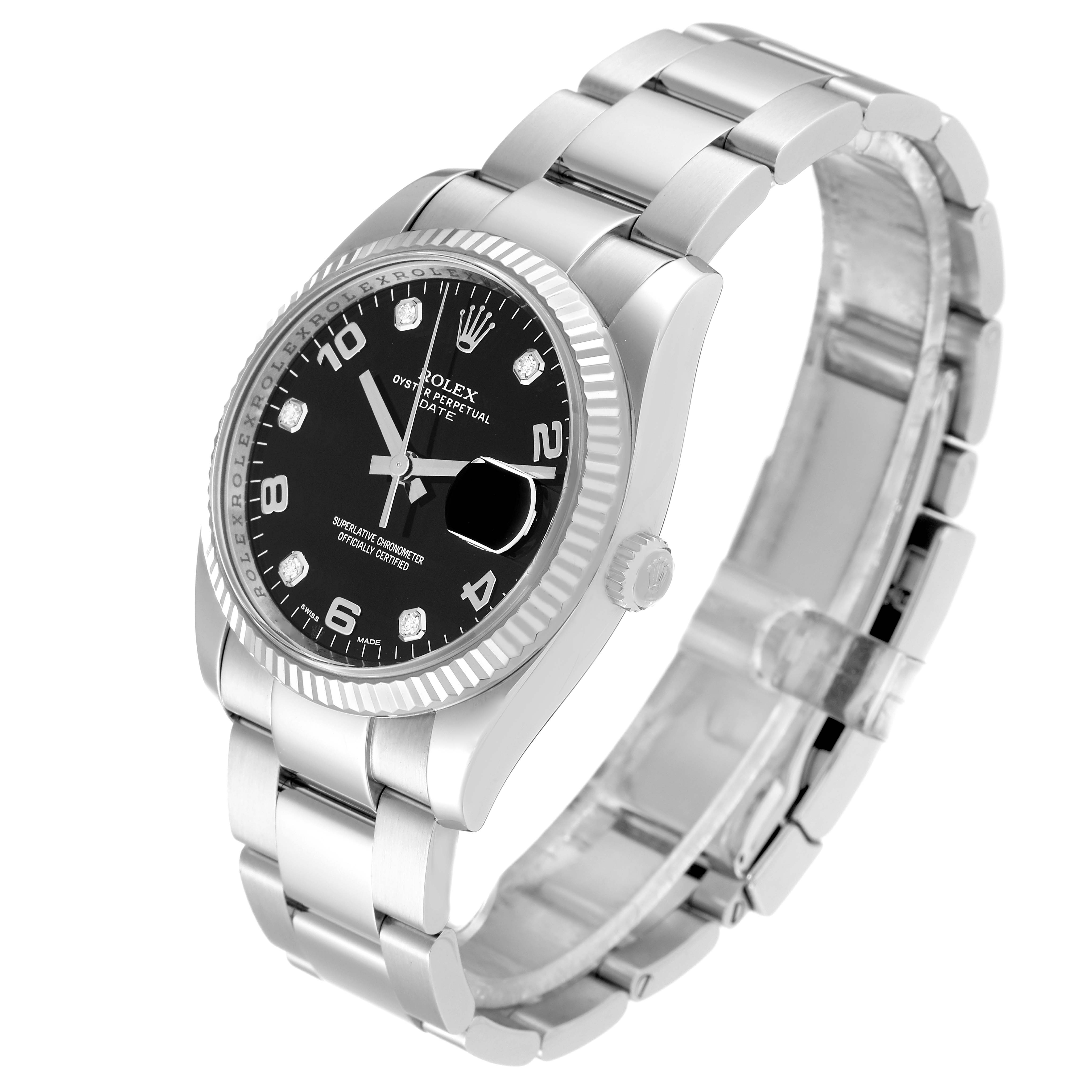 The image shows a side angle of a Rolex Date 115234 Men's Stainless Steel Black Dial 115234 Men's Stainless Steel Black Dial model watch, highlighting its face, bezel, and bracelet.