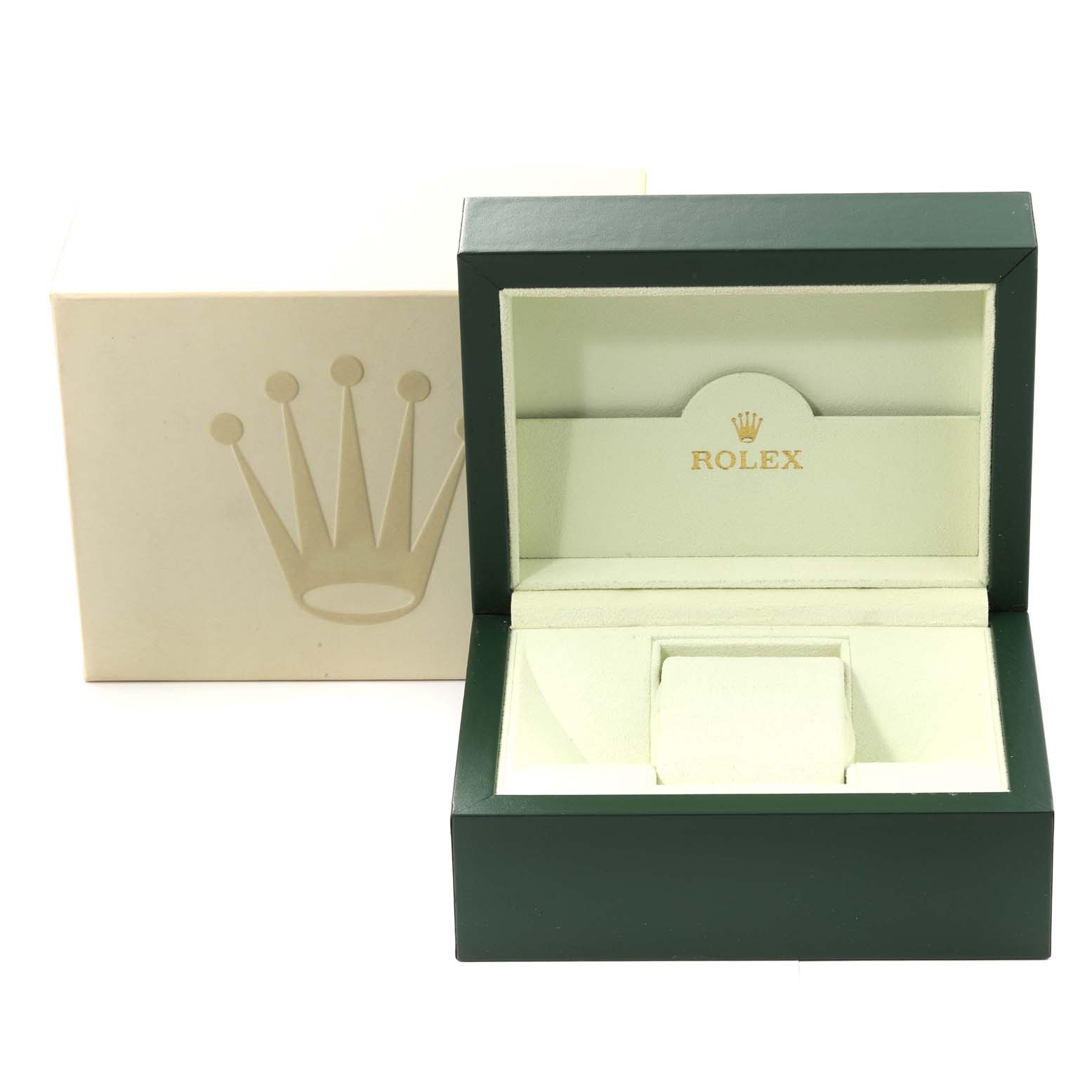 The image shows an open Rolex Date 115234 Men's Stainless Steel Black Dial 115234 Men's Stainless Steel Black Dial model watch box and its outer packaging from a front angle.