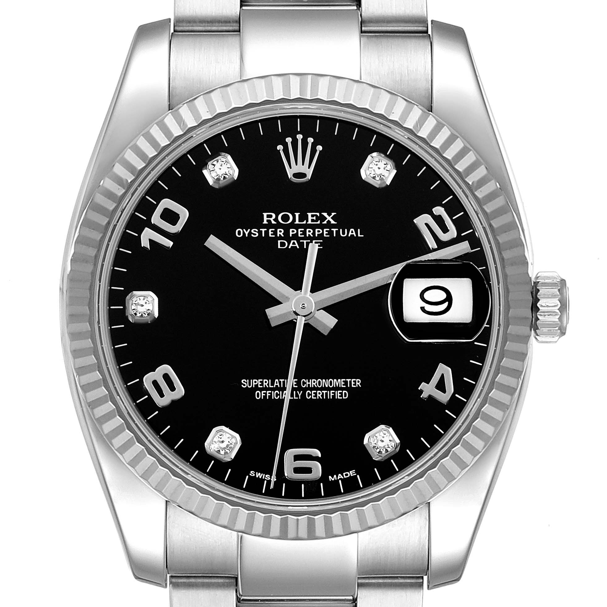 This is a Rolex Date 115234 Men's Stainless Steel Black Dial 115234 Men's Stainless Steel Black Dial model watch shown from a front angle, highlighting the dial, hands, and crown.