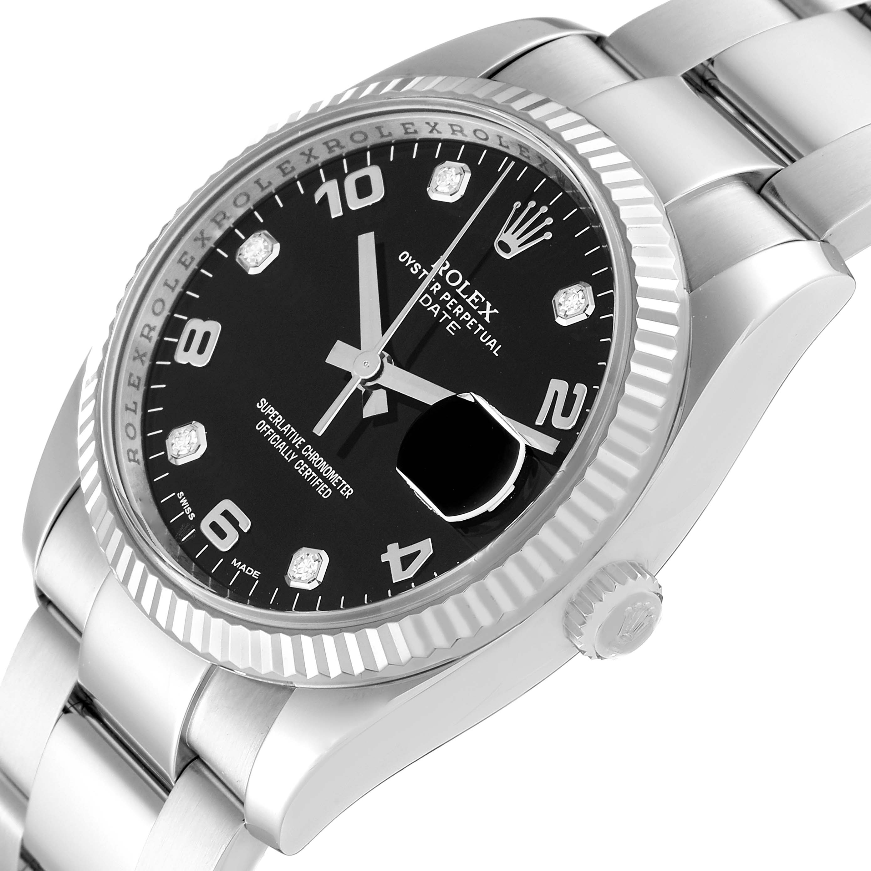 The image shows a close-up side angle of the Rolex Date 115234 Men's Stainless Steel Black Dial 115234 Men's Stainless Steel Black Dial model, highlighting the dial, bezel, and a portion of the bracelet.