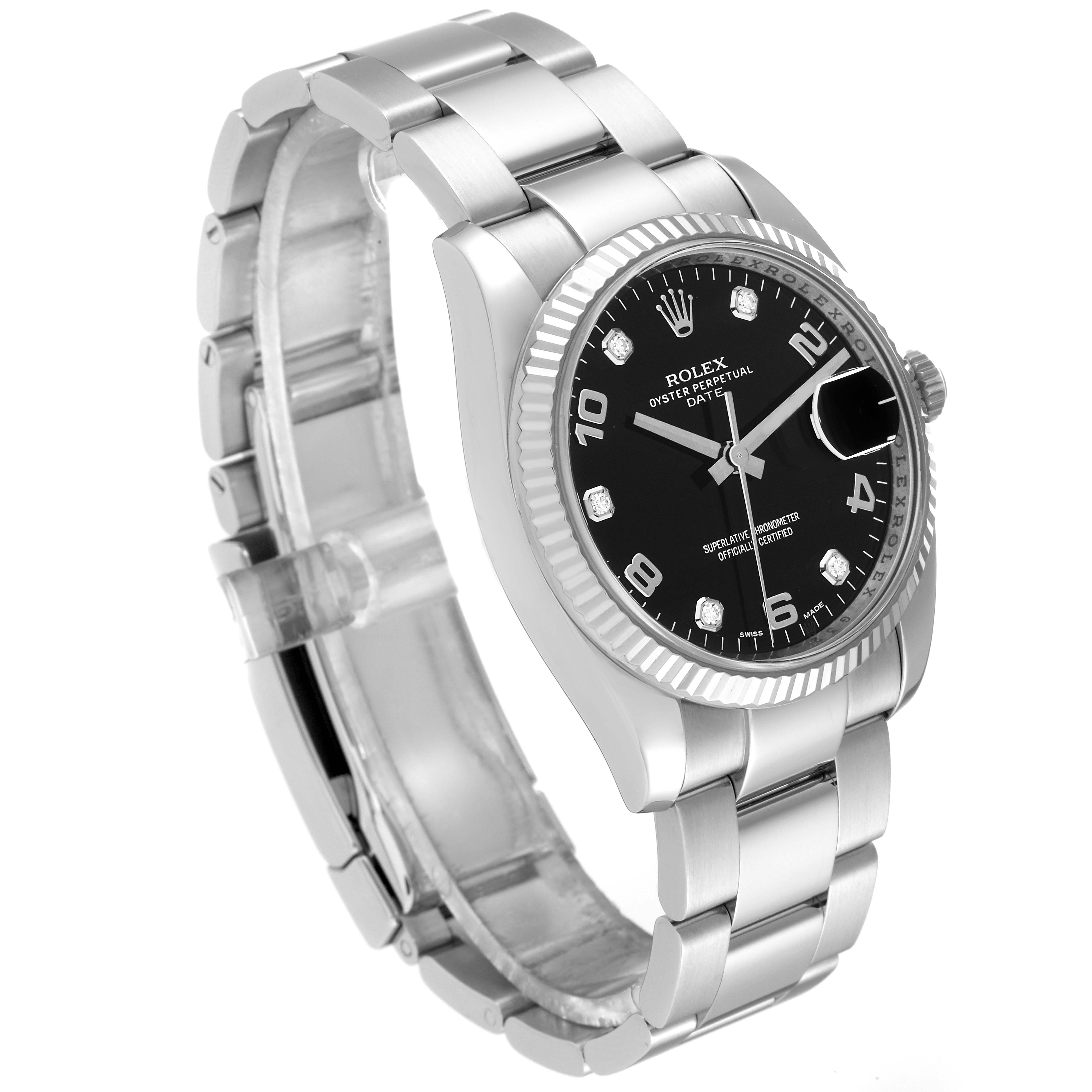 The Rolex Date 115234 Men's Stainless Steel Black Dial 115234 Men's Stainless Steel Black Dial model watch is shown at a three-quarter angle, highlighting its bracelet, bezel, dial, and crown.
