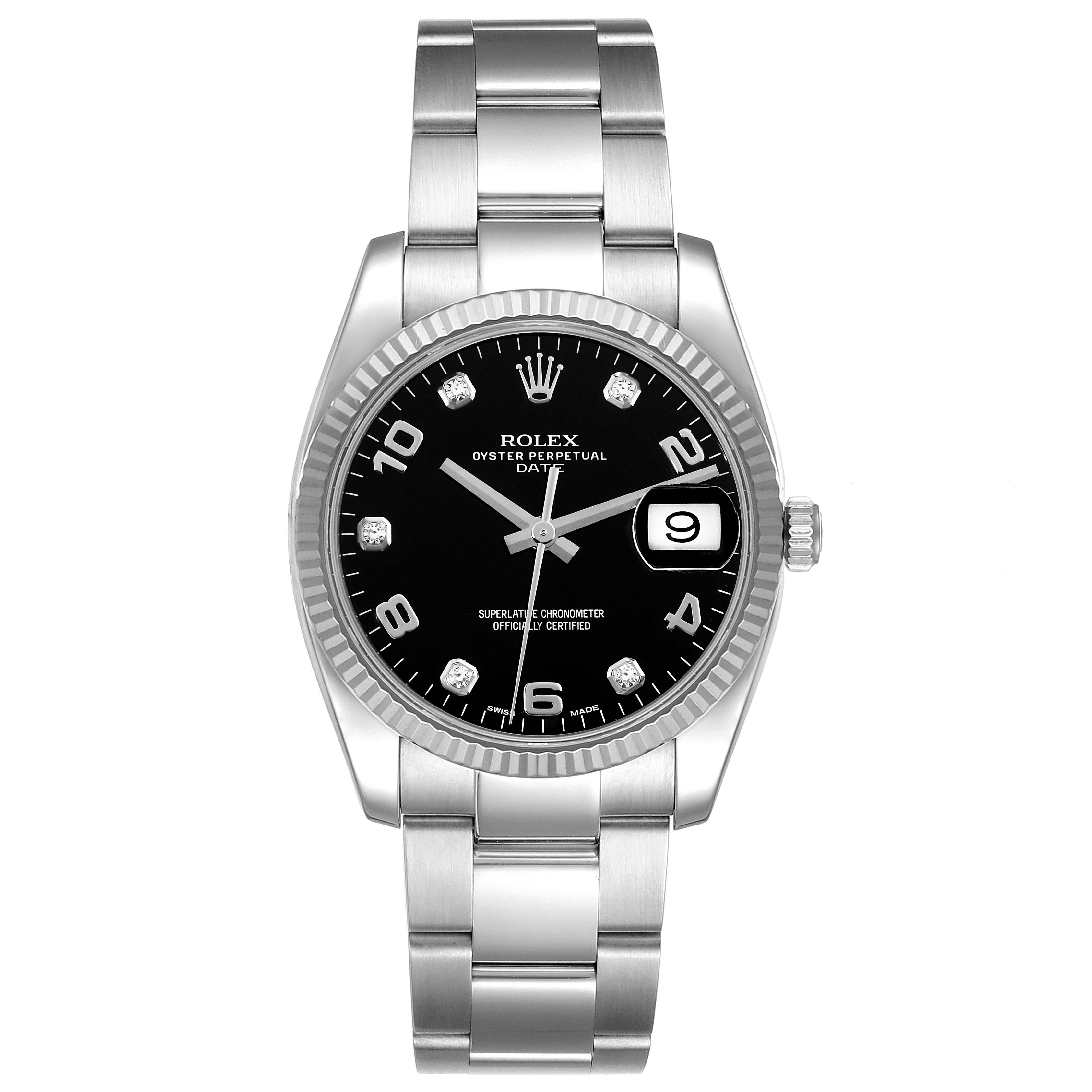 The image shows a front view of a Rolex Oyster Perpetual Date watch, highlighting its dial, bezel, and bracelet.