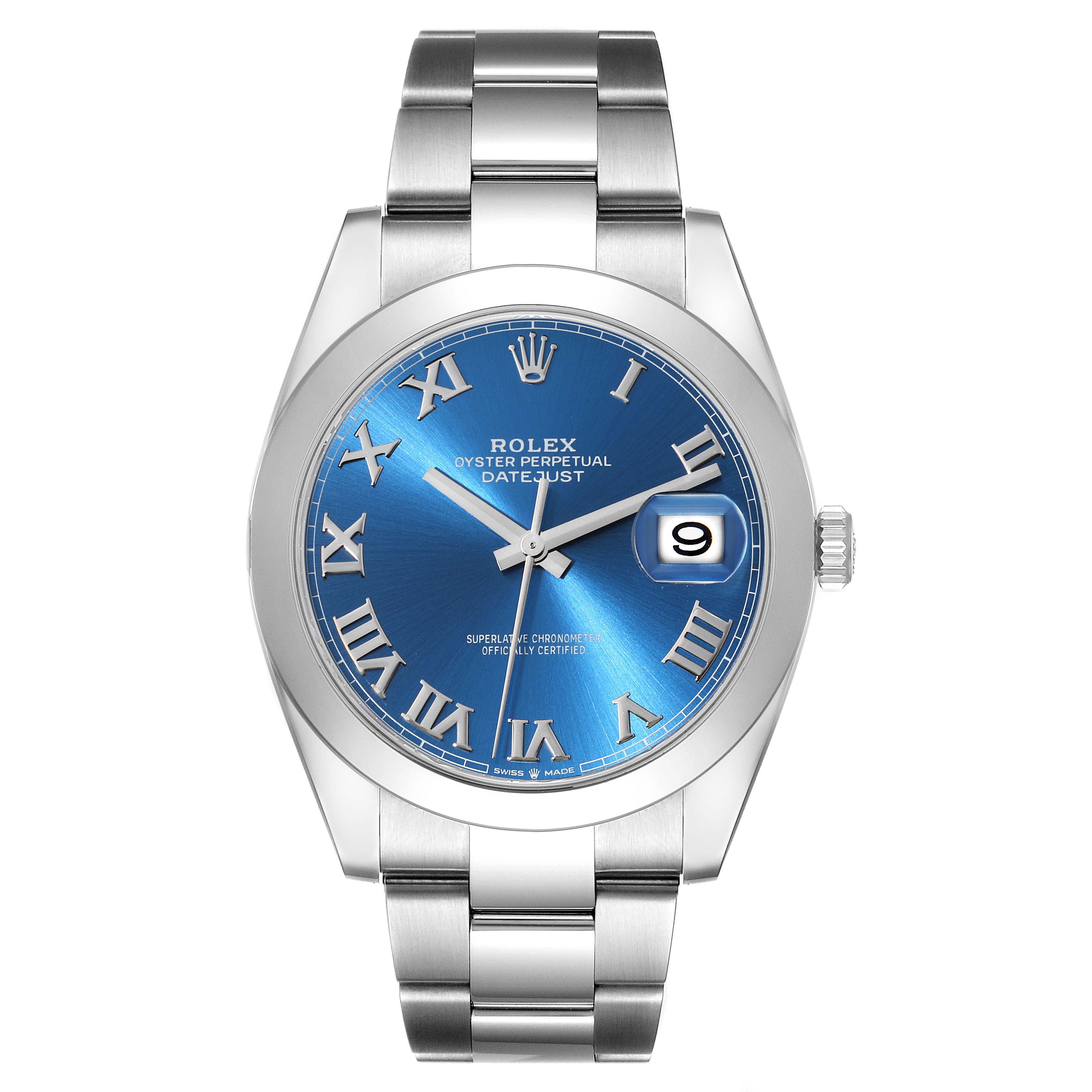 The image shows a front view of a Rolex Datejust 41 126300 Men
s Stainless Steel Blue Dial 126300 Men
s Stainless Steel Blue Dial watch, featuring a blue dial with Roman numerals and a stainless steel bracelet.
