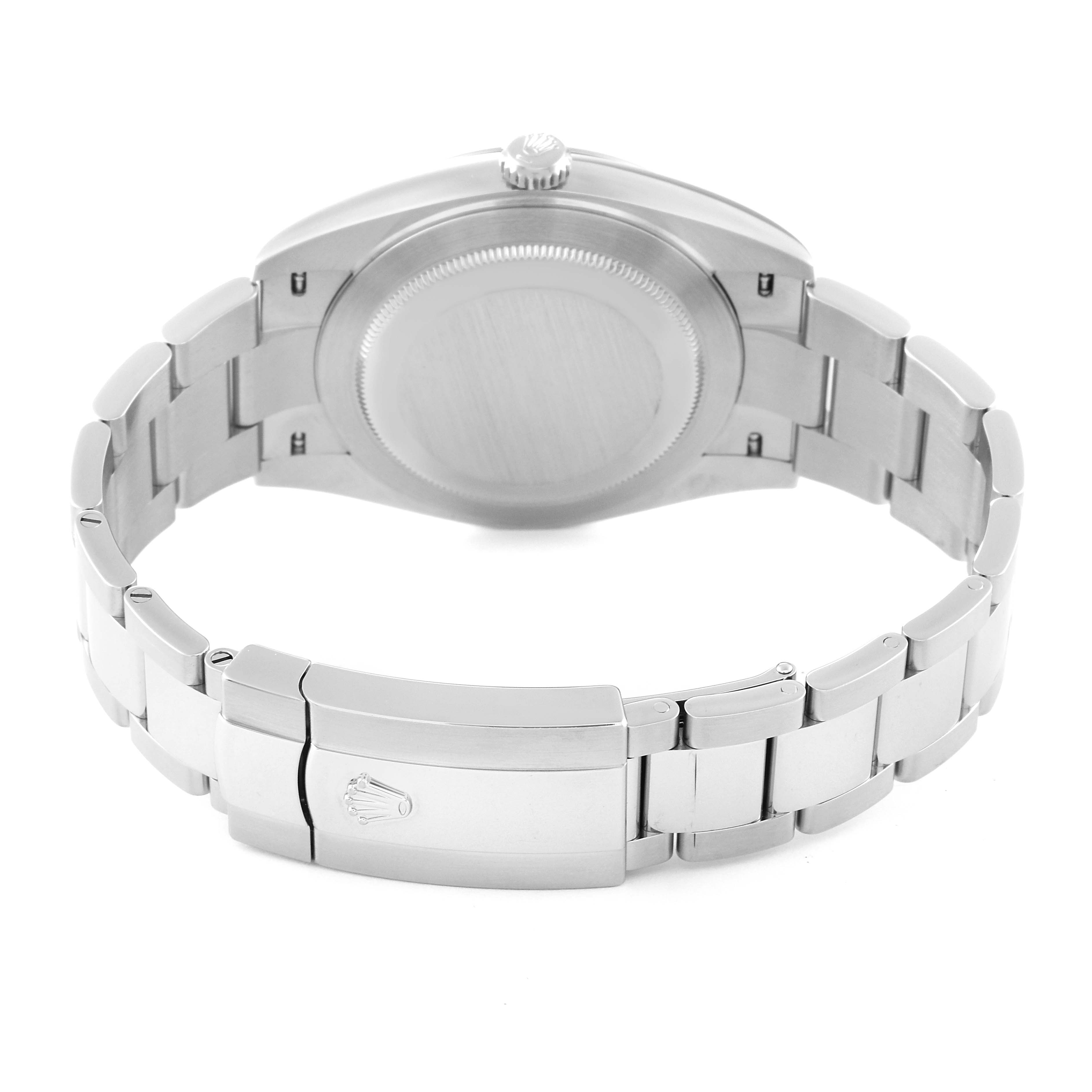 The image shows the back angle of the Rolex Datejust 41 126300 Men
s Stainless Steel Blue Dial 126300 Men
s Stainless Steel Blue Dial, highlighting the case back and bracelet with clasp.