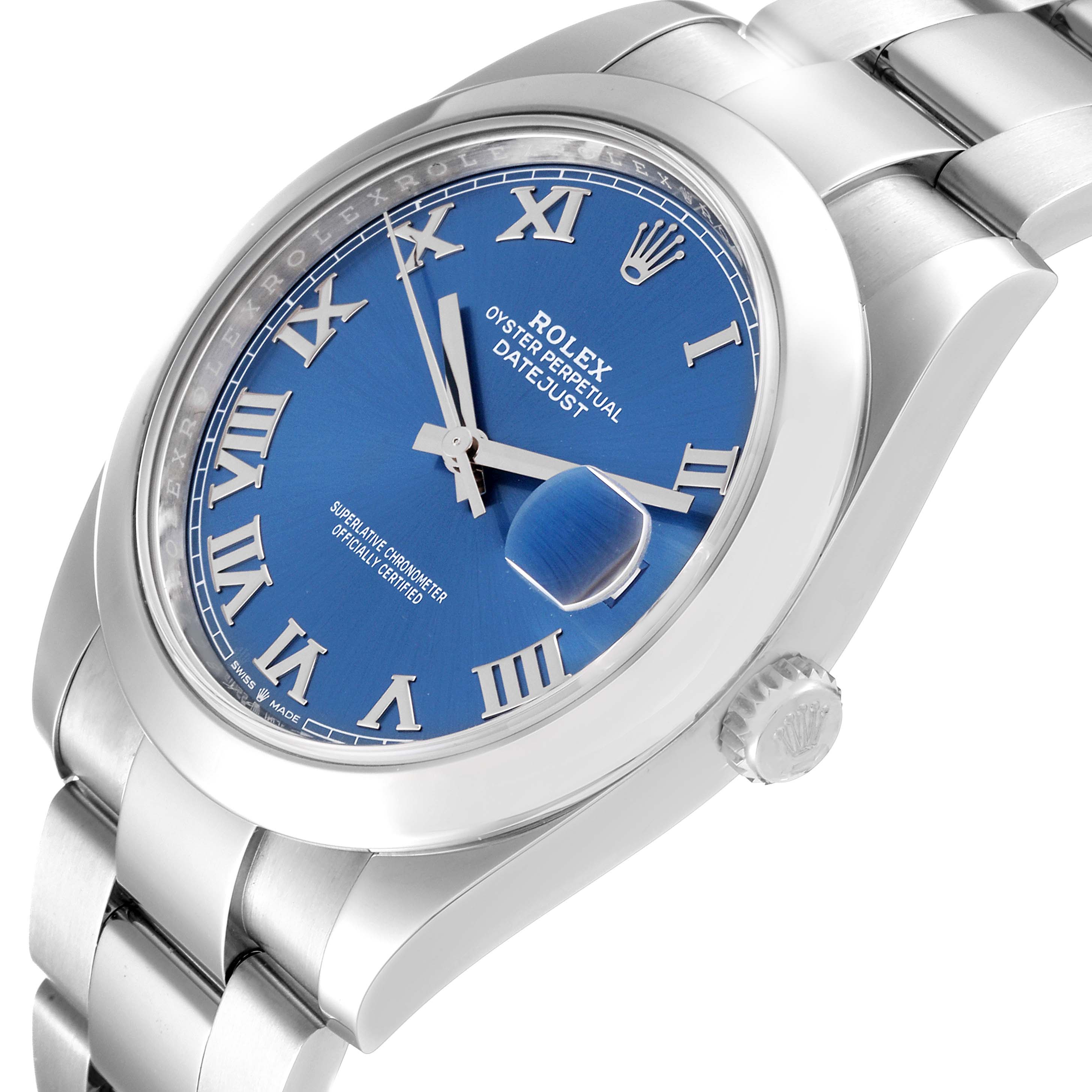 This image shows a close-up angled view of the Rolex Datejust 41 126300 Men
s Stainless Steel Blue Dial 126300 Men
s Stainless Steel Blue Dial, highlighting the blue dial, Roman numerals, and crown.