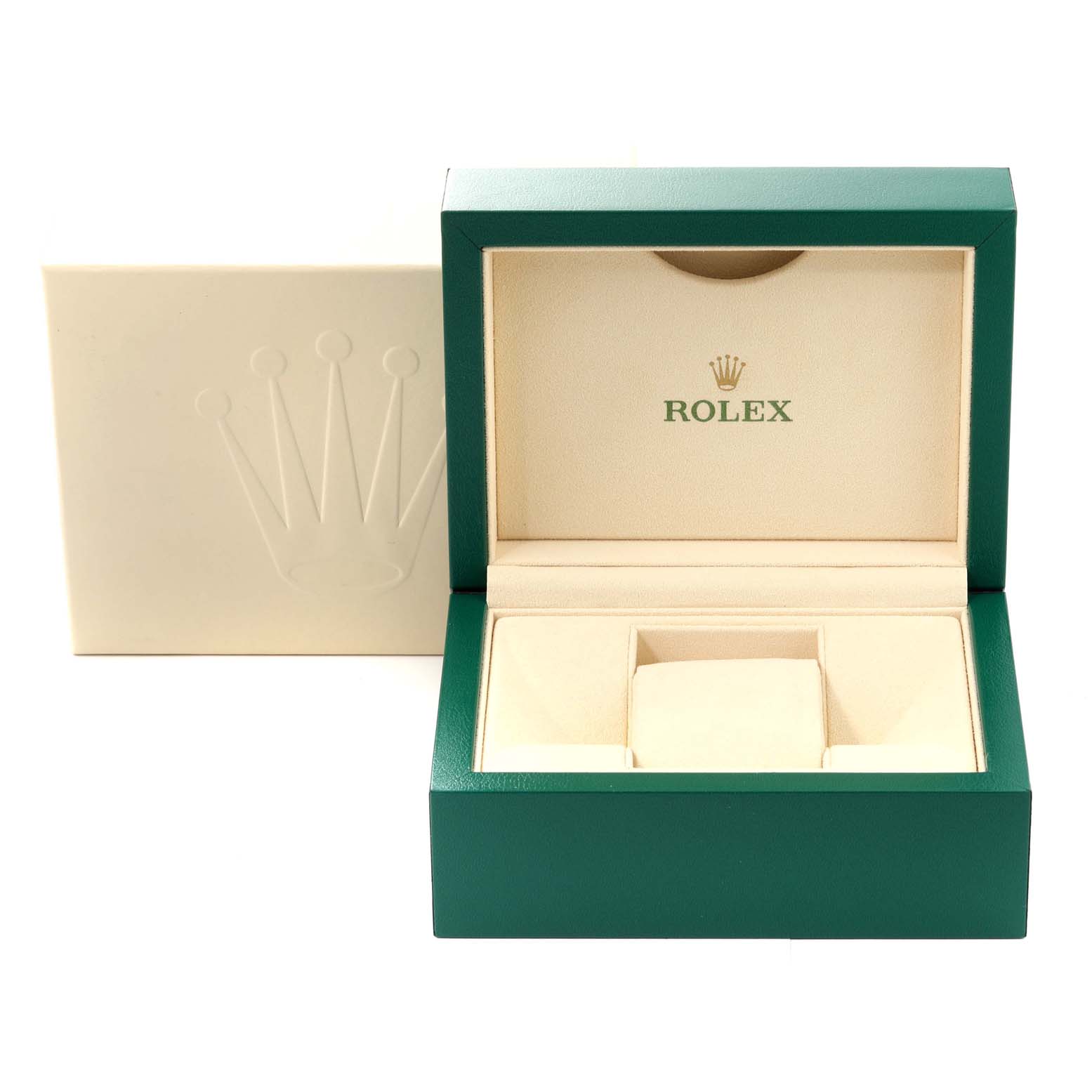 The image shows the green and beige Rolex watch box for the Datejust 41 model, with the lid open and empty compartments inside.