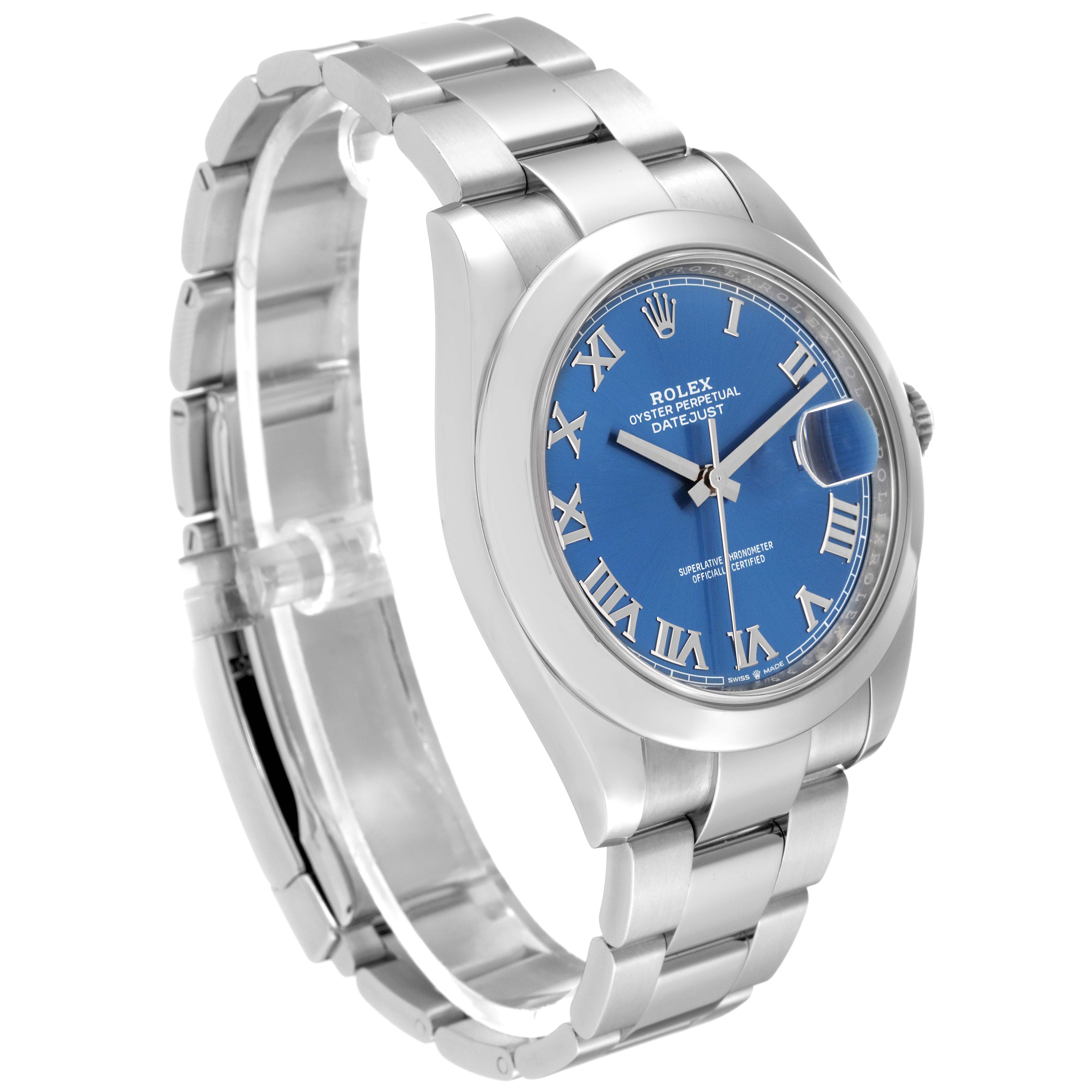 The image shows a Rolex Datejust 41 126300 Men
s Stainless Steel Blue Dial 126300 Men
s Stainless Steel Blue Dial watch at a three-quarter angle, highlighting its blue dial, Roman numerals, and metal bracelet.