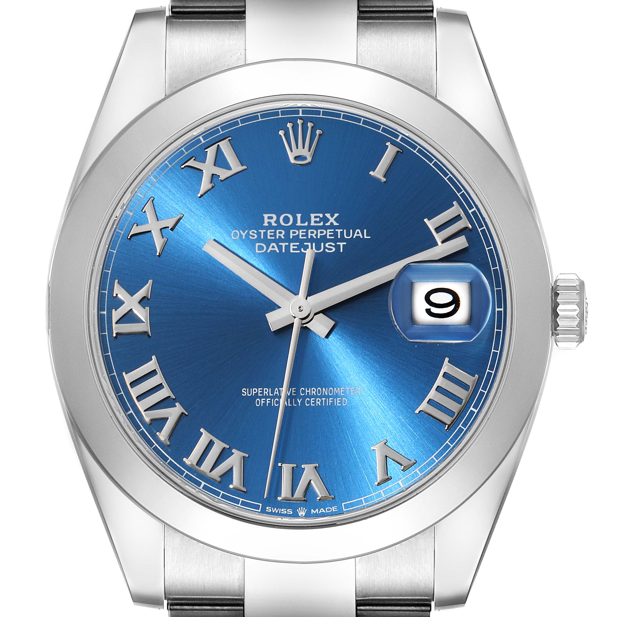The image shows a front view of the Rolex Datejust 41 126300 Men
s Stainless Steel Blue Dial 126300 Men
s Stainless Steel Blue Dial watch with a blue dial, Roman numerals, and a date window at 3 o
clock.