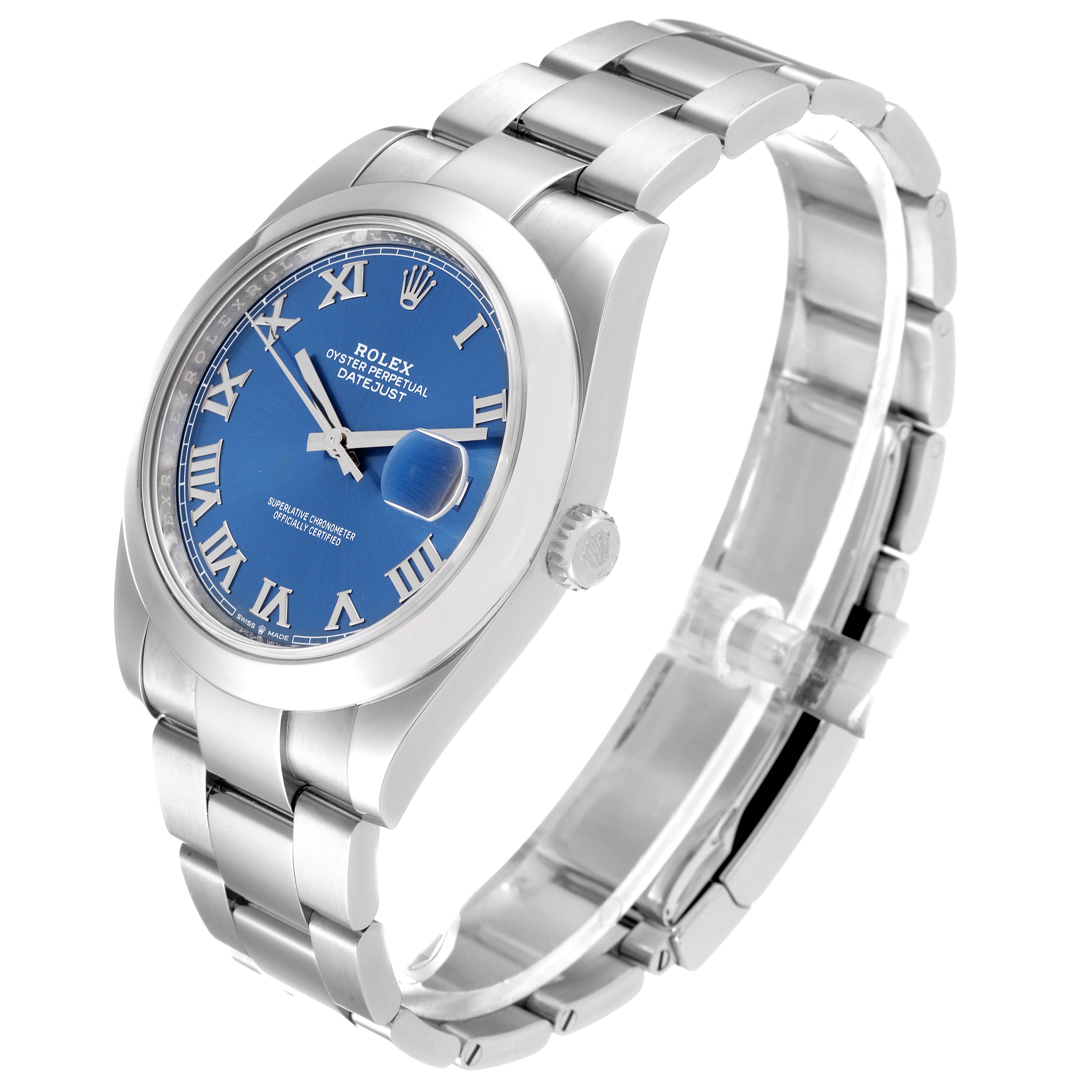 The image shows a Rolex Datejust 41 126300 Men
s Stainless Steel Blue Dial 126300 Men
s Stainless Steel Blue Dial watch at an oblique angle, featuring its blue dial, Roman numerals, and metal bracelet.