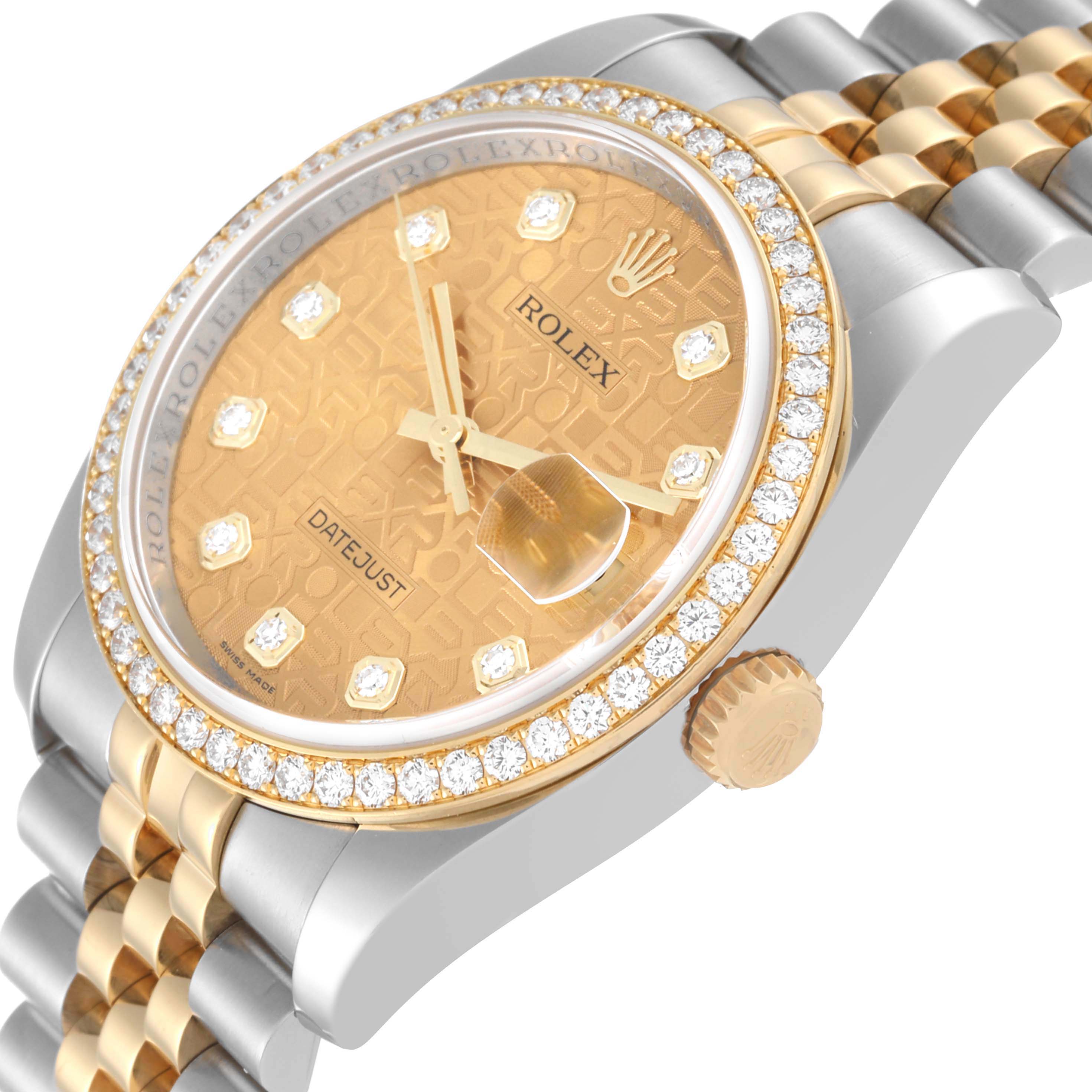 The image shows a close-up, angled view of a Rolex Datejust 116243 Men's Steel and Gold (two tone) Champagne Dial 116243 Men's Steel and Gold (two tone) Champagne Dial watch, highlighting the dial, bezel, and part of the bracelet.