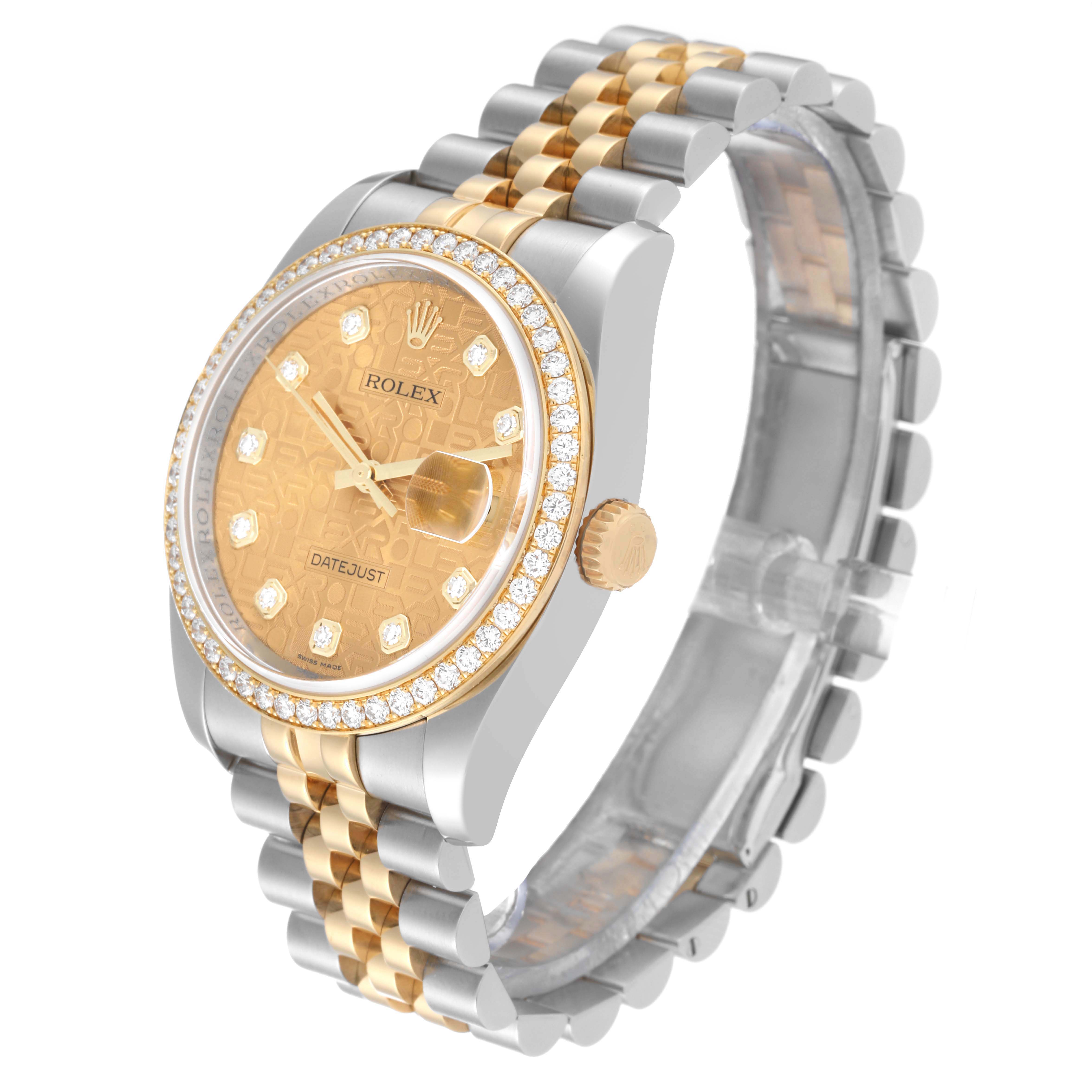 The Rolex Datejust 116243 Men's Steel and Gold (two tone) Champagne Dial 116243 Men's Steel and Gold (two tone) Champagne Dial watch is shown at a 3/4 angle, displaying the face, bezel, crown, and part of the bracelet.