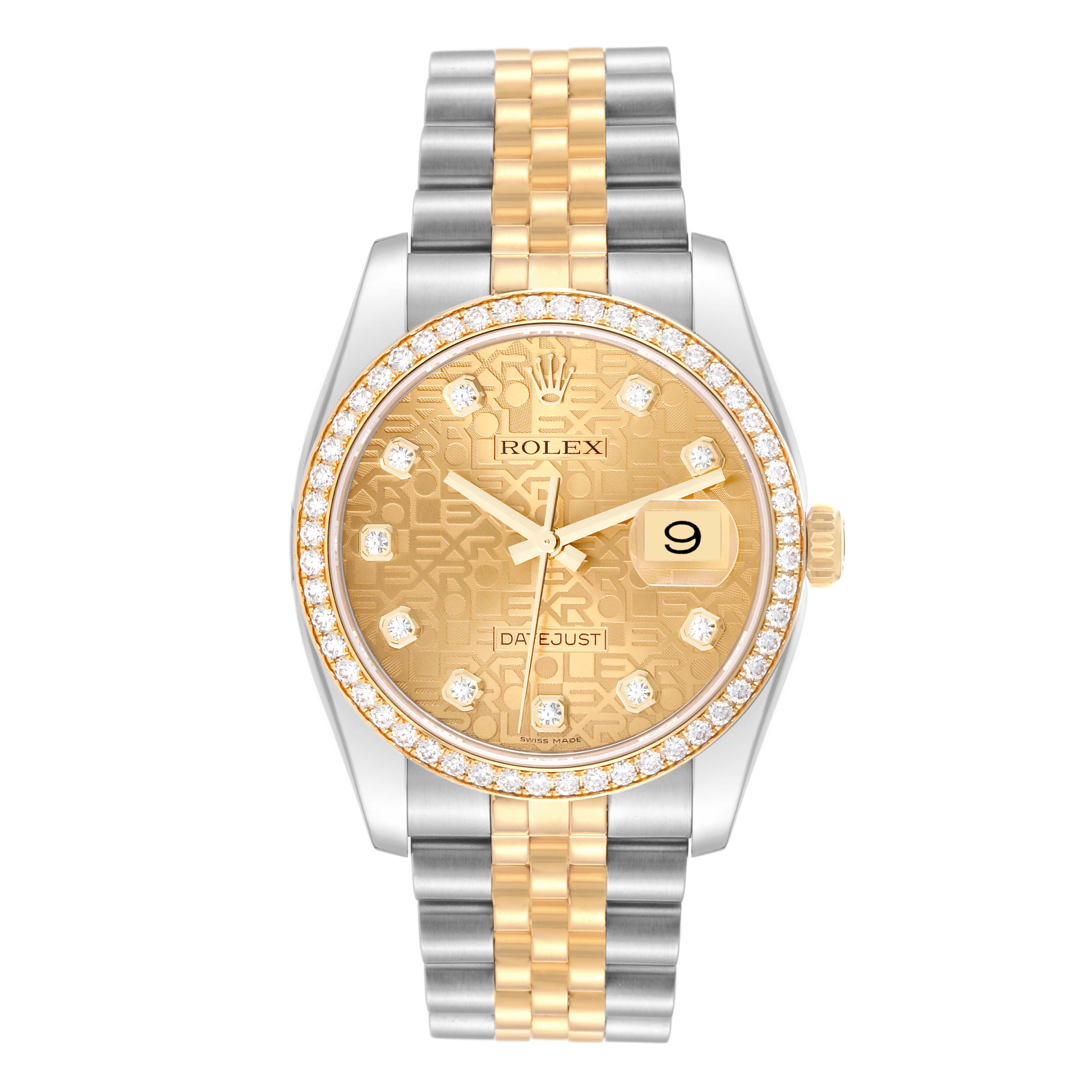 The image shows a front view of a Rolex Datejust 116243 Men's Steel and Gold (two tone) Champagne Dial 116243 Men's Steel and Gold (two tone) Champagne Dial watch with a gold and silver two-tone bracelet and diamond-studded bezel.