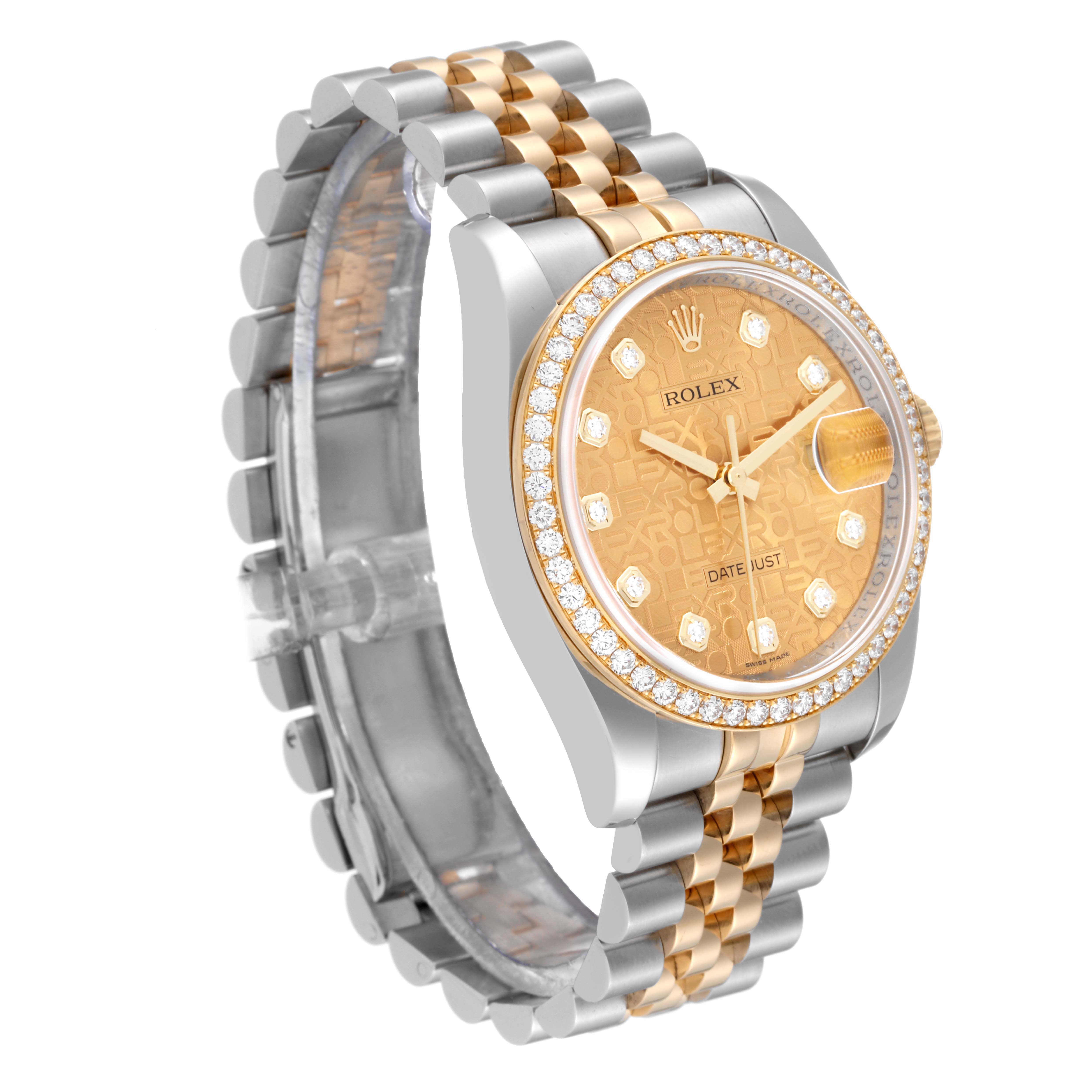 The image displays a Rolex Datejust 116243 Men's Steel and Gold (two tone) Champagne Dial 116243 Men's Steel and Gold (two tone) Champagne Dial watch at a three-quarter angle, highlighting its bracelet, bezel, and dial.