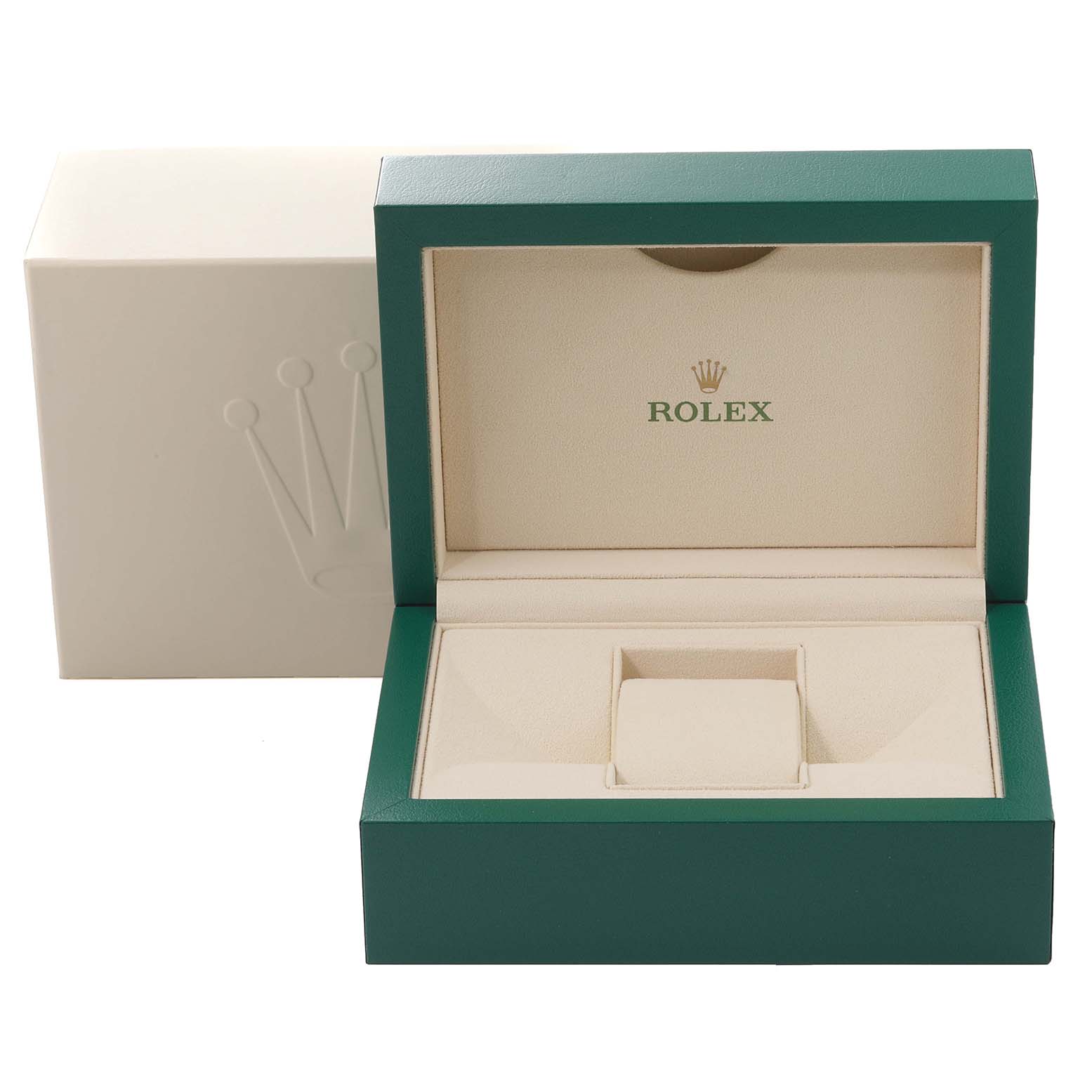 This image shows the open presentation box for a Rolex Datejust 116243 Men's Steel and Gold (two tone) Champagne Dial 116243 Men's Steel and Gold (two tone) Champagne Dial watch, featuring the brand logo inside.