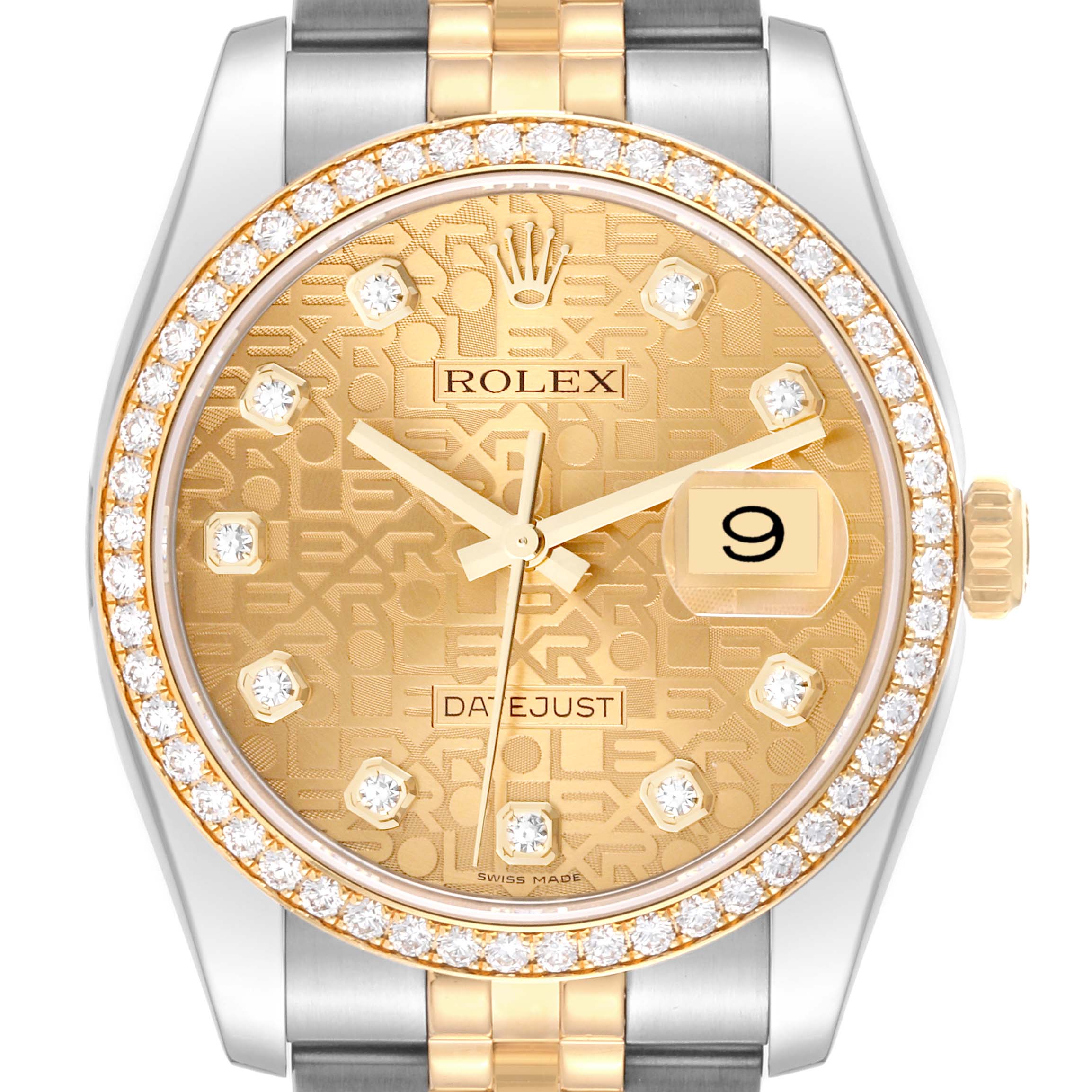 This Rolex Datejust 116243 Men's Steel and Gold (two tone) Champagne Dial 116243 Men's Steel and Gold (two tone) Champagne Dial watch is shown from the front, highlighting its gold dial, diamond hour markers, and two-tone bracelet.