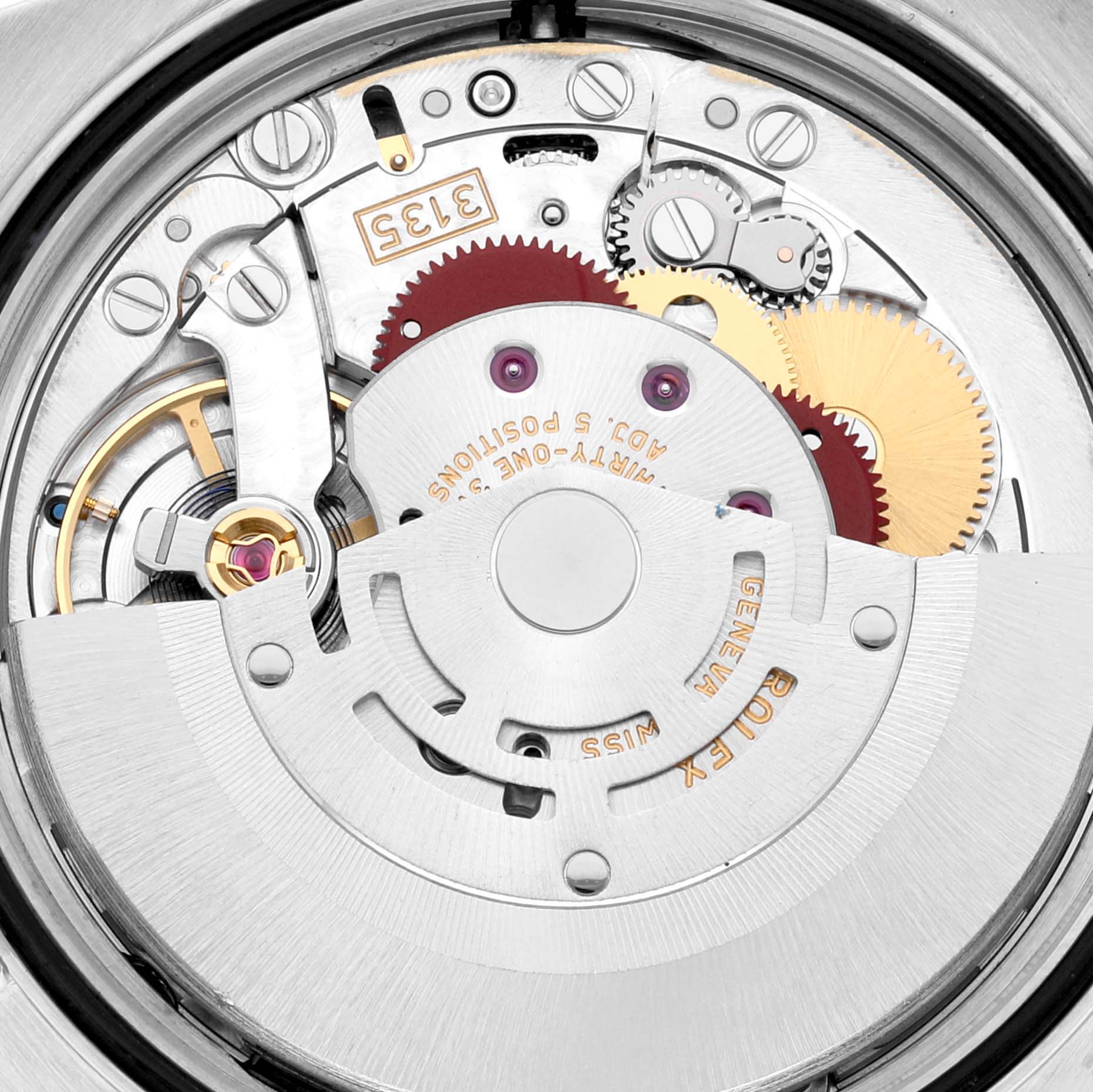 This is an angled close-up view of the intricate movement mechanism inside a Rolex Datejust 116243 Men's Steel and Gold (two tone) Champagne Dial 116243 Men's Steel and Gold (two tone) Champagne Dial watch.