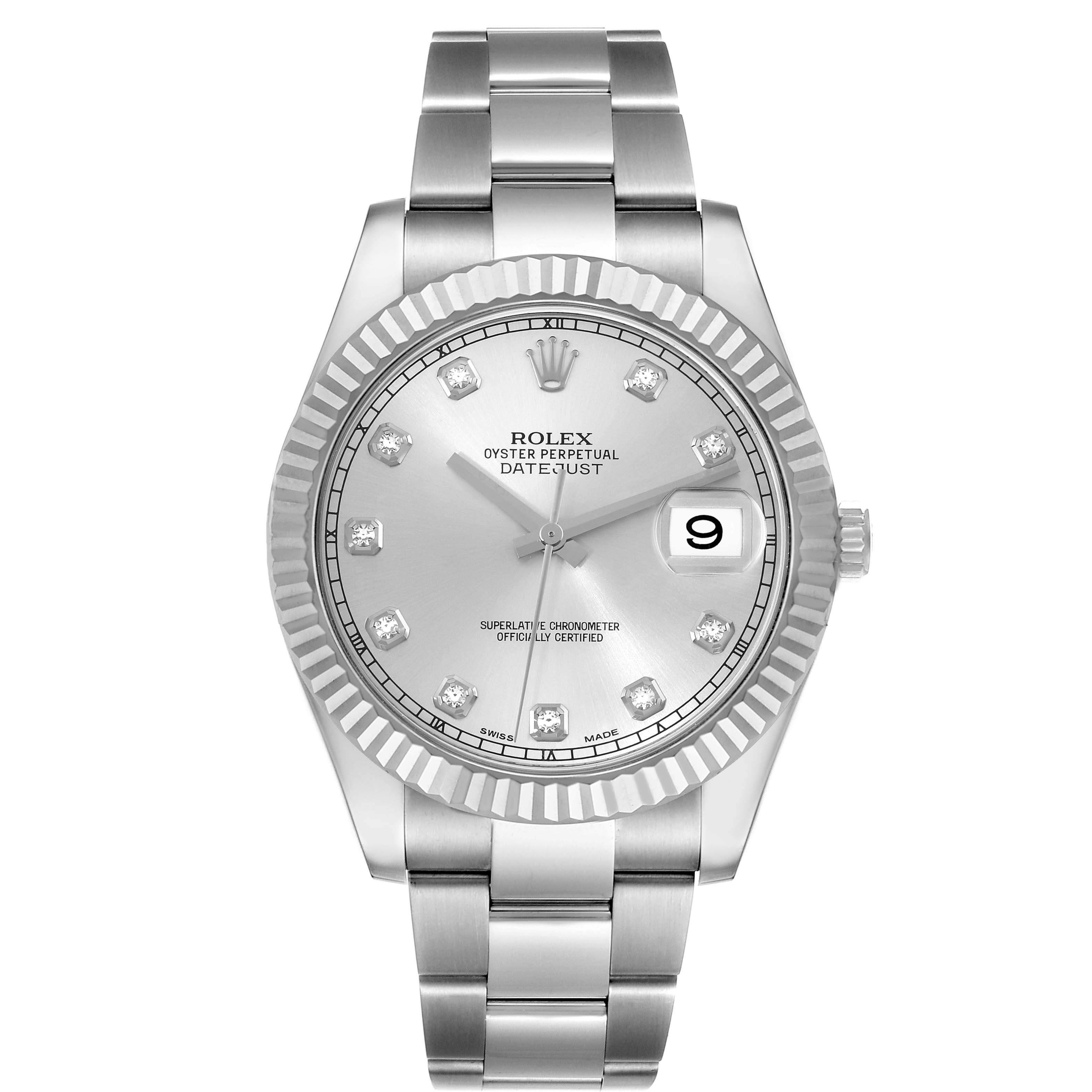 The image shows a front view of a Rolex Datejust 116334 Men
s Stainless Steel Silver Dial 116334 Men
s Stainless Steel Silver Dial watch, highlighting its dial, bezel, and bracelet.