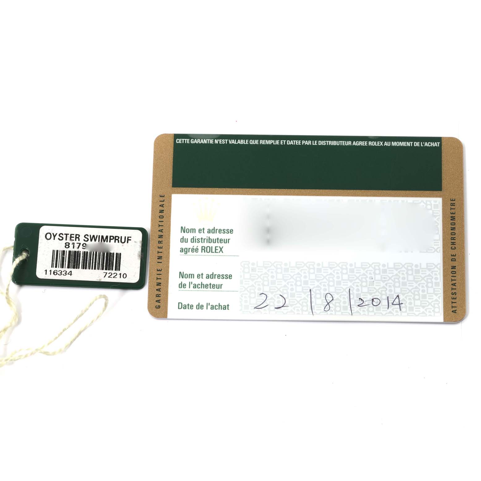The image shows the warranty card and hang tag for a Rolex Datejust 116334 Men
s Stainless Steel Silver Dial 116334 Men
s Stainless Steel Silver Dial watch, indicating details like model and purchase date.