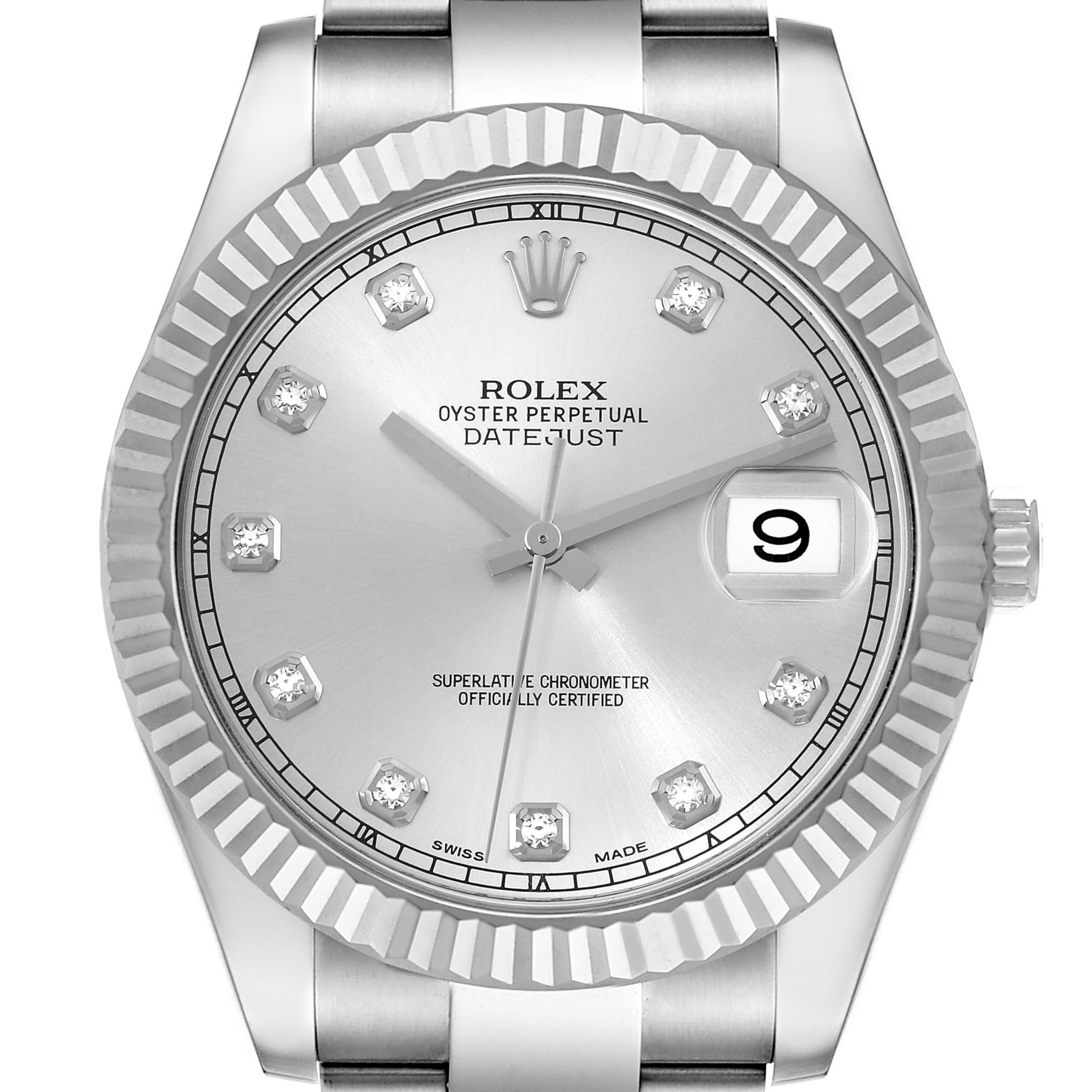 The image shows a front view of a Rolex Datejust 116334 Men
s Stainless Steel Silver Dial 116334 Men
s Stainless Steel Silver Dial, highlighting the dial, markers, bezel, and bracelet.