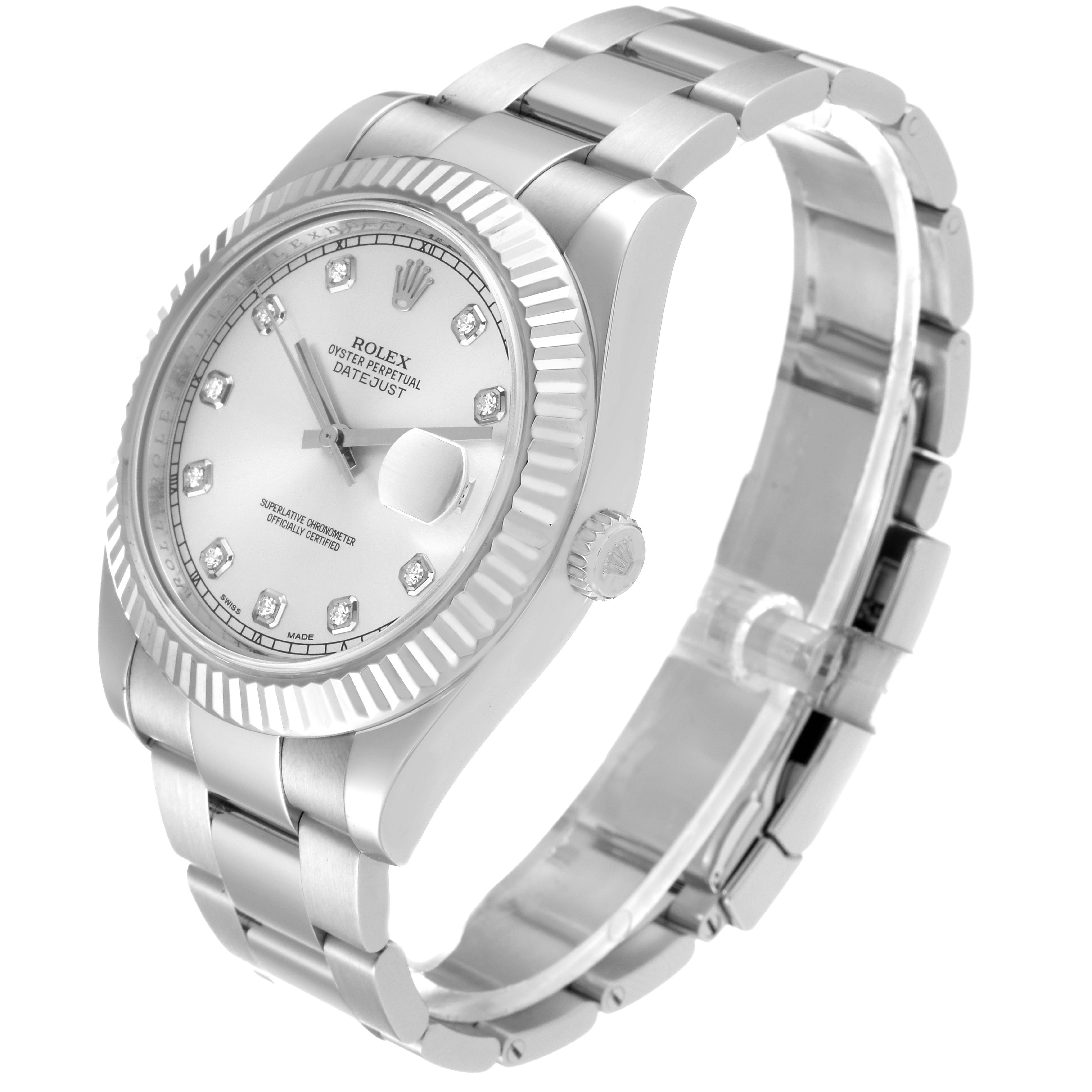 The Rolex Datejust 116334 Men
s Stainless Steel Silver Dial 116334 Men
s Stainless Steel Silver Dial watch is shown at an angle displaying its face, fluted bezel, bracelet, and crown.
