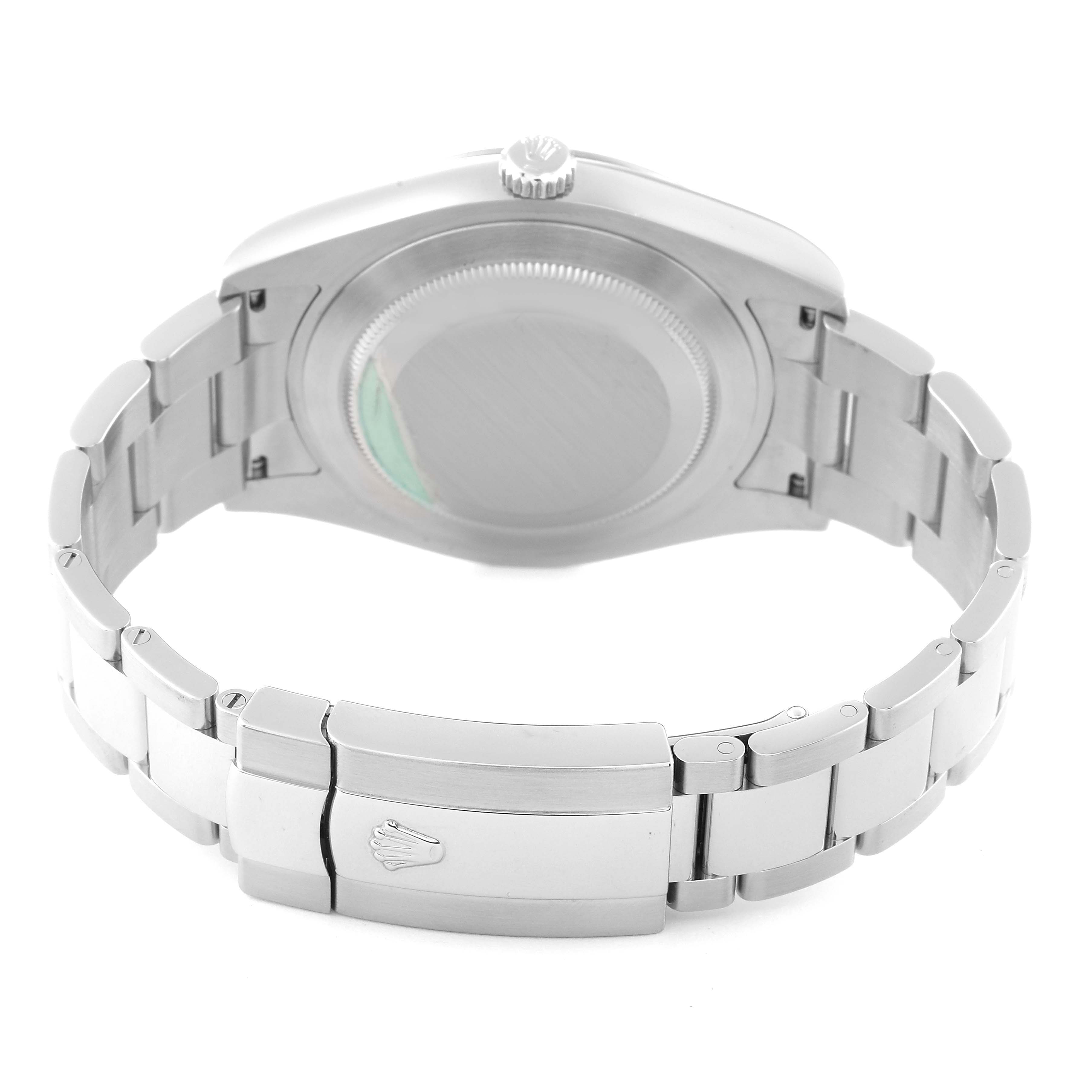 This image shows the back and bracelet of a Rolex Datejust 116334 Men
s Stainless Steel Silver Dial 116334 Men
s Stainless Steel Silver Dial watch, including the clasp with Rolex
s coronet logo.