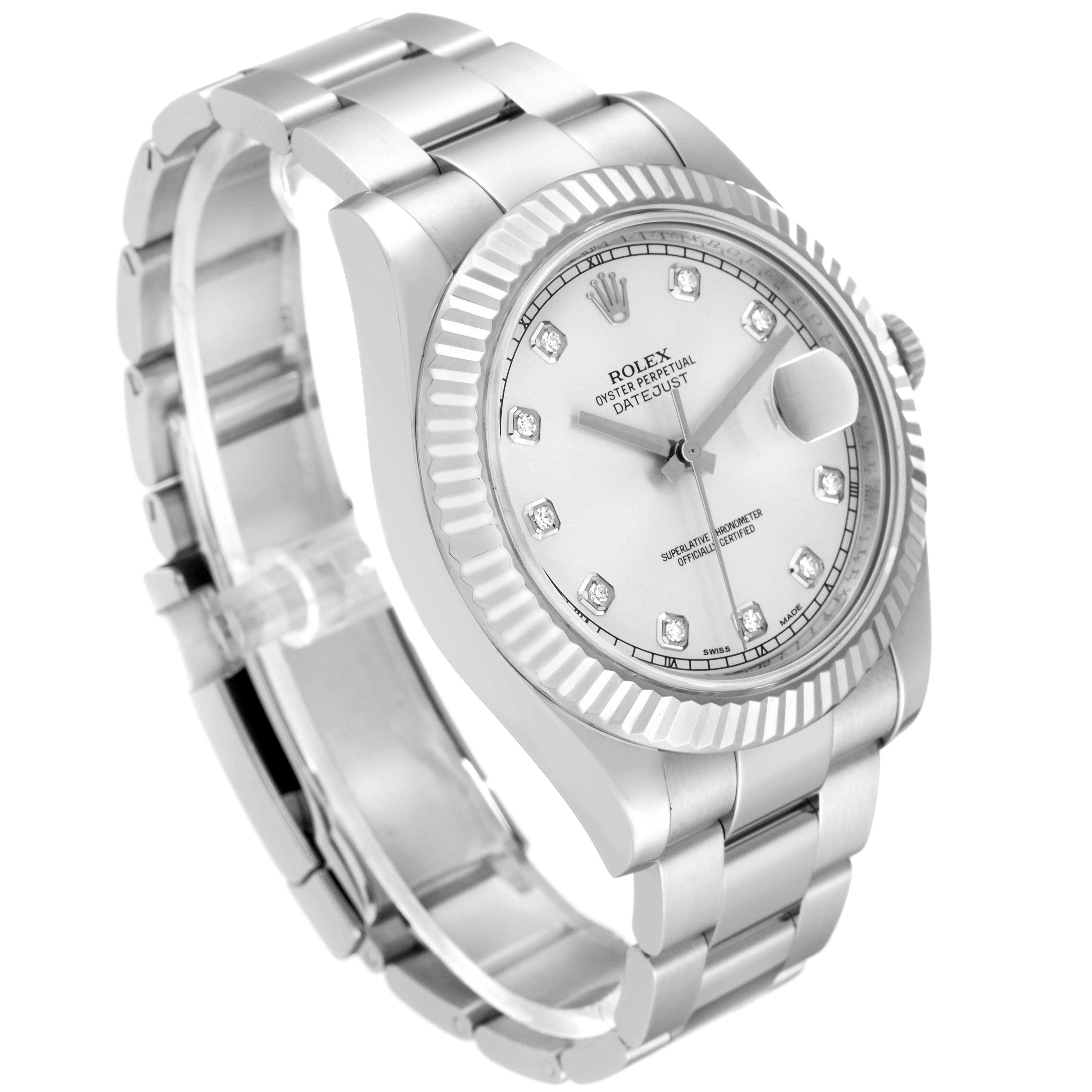 The image shows a Rolex Datejust 116334 Men
s Stainless Steel Silver Dial 116334 Men
s Stainless Steel Silver Dial watch from an angled side view, highlighting its bracelet, fluted bezel, and diamond hour markers.