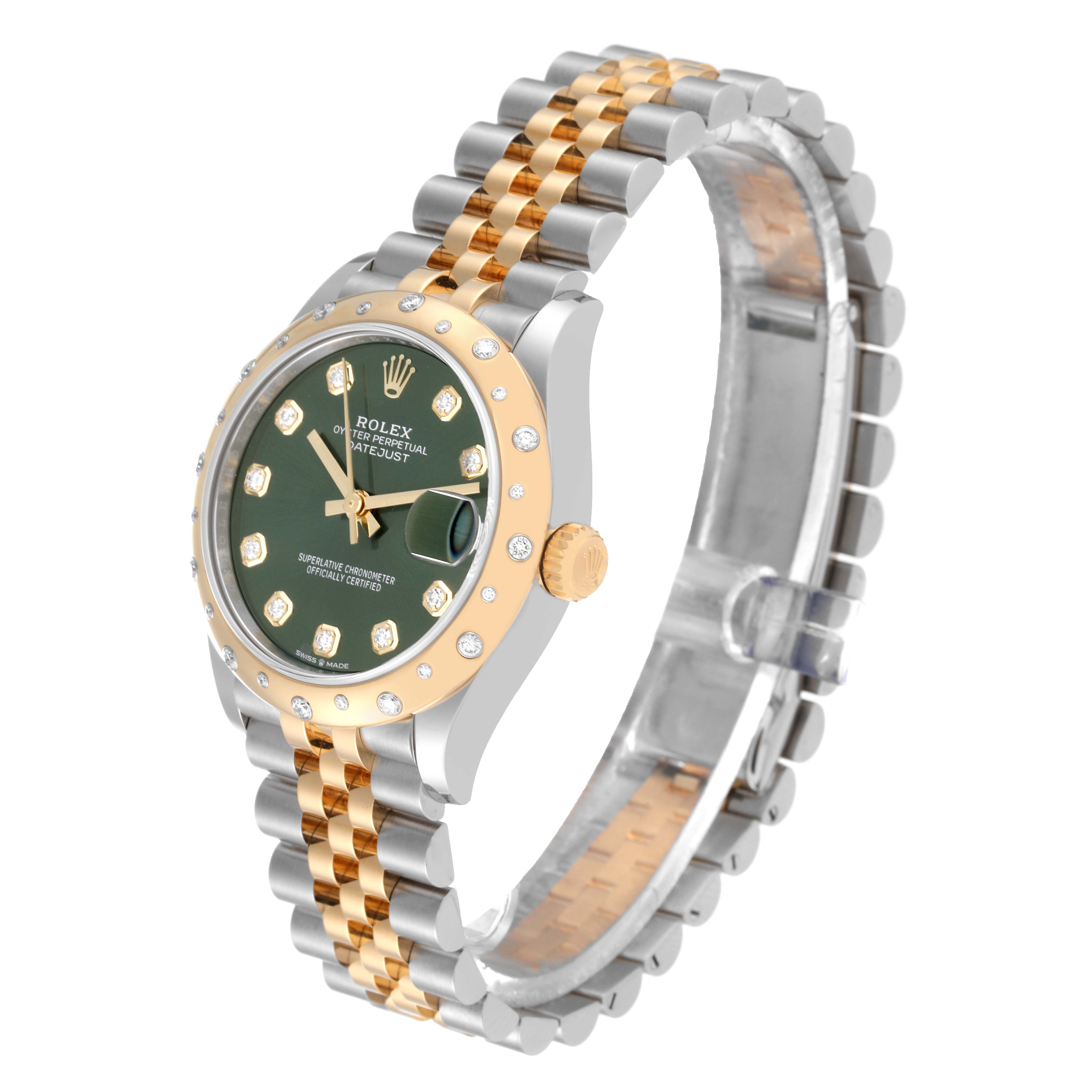 The image shows a side angle of a mid-size Rolex watch, showcasing its green dial, gold bezel, and two-tone metal bracelet.