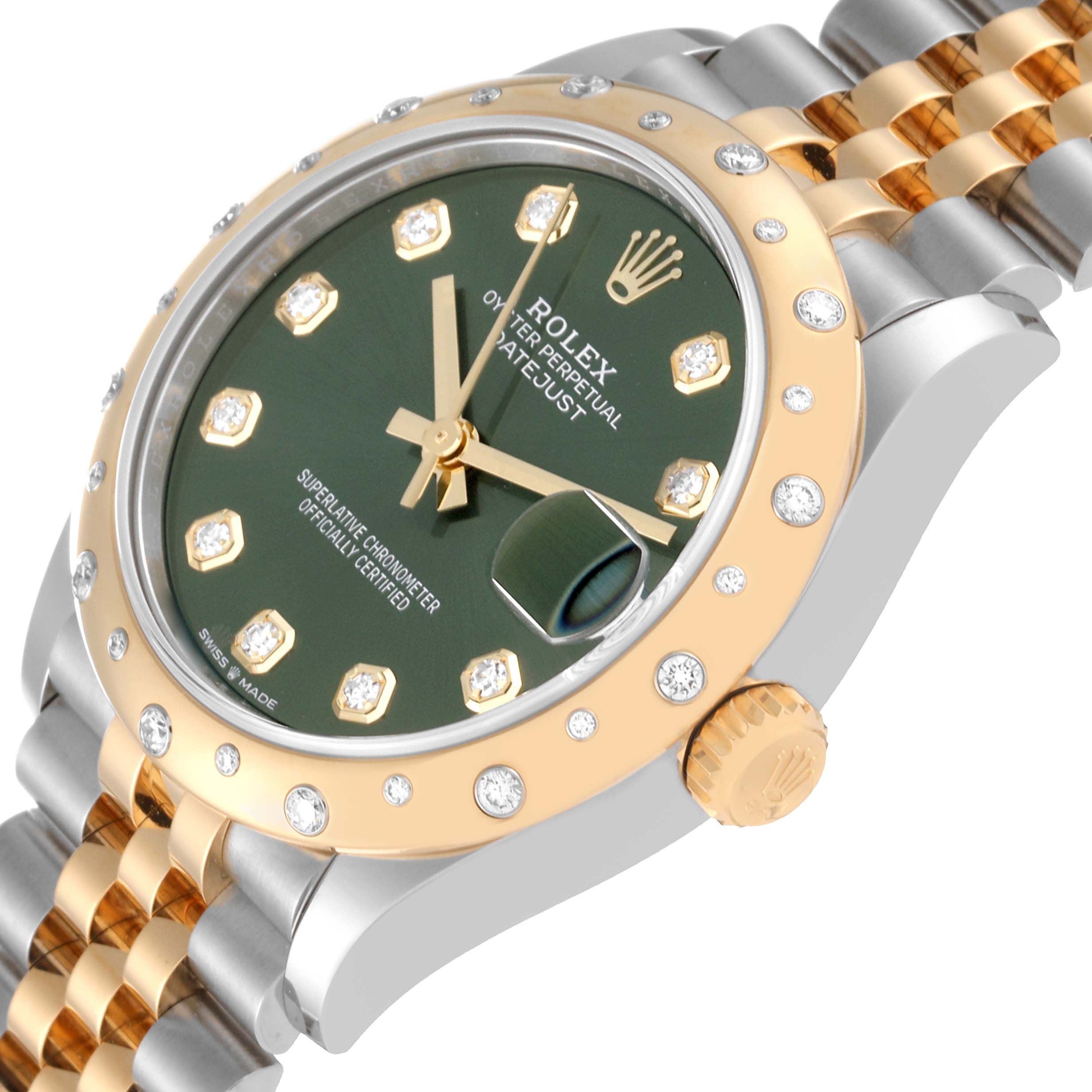 This image shows a close-up angled view of the Rolex Mid-Size 278343RBR Women's Steel and Gold (two tone) Green Dial 278343RBR Women's Steel and Gold (two tone) Green Dial watch, displaying the face, bezel, and part of the bracelet.