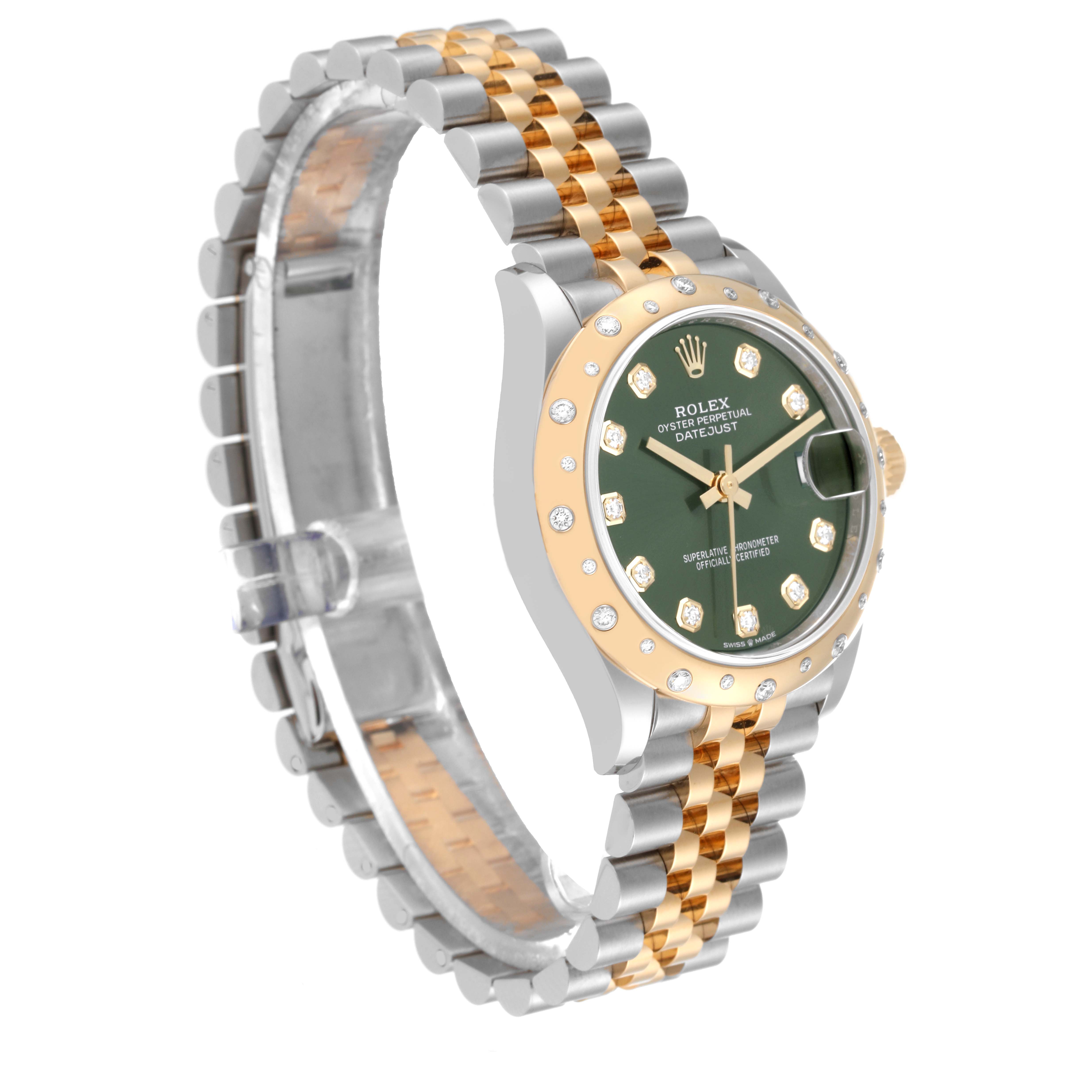 The Rolex Mid-Size 278343RBR Women's Steel and Gold (two tone) Green Dial 278343RBR Women's Steel and Gold (two tone) Green Dial watch is shown at a three-quarter angle, displaying the face, bracelet, case, and bezel.