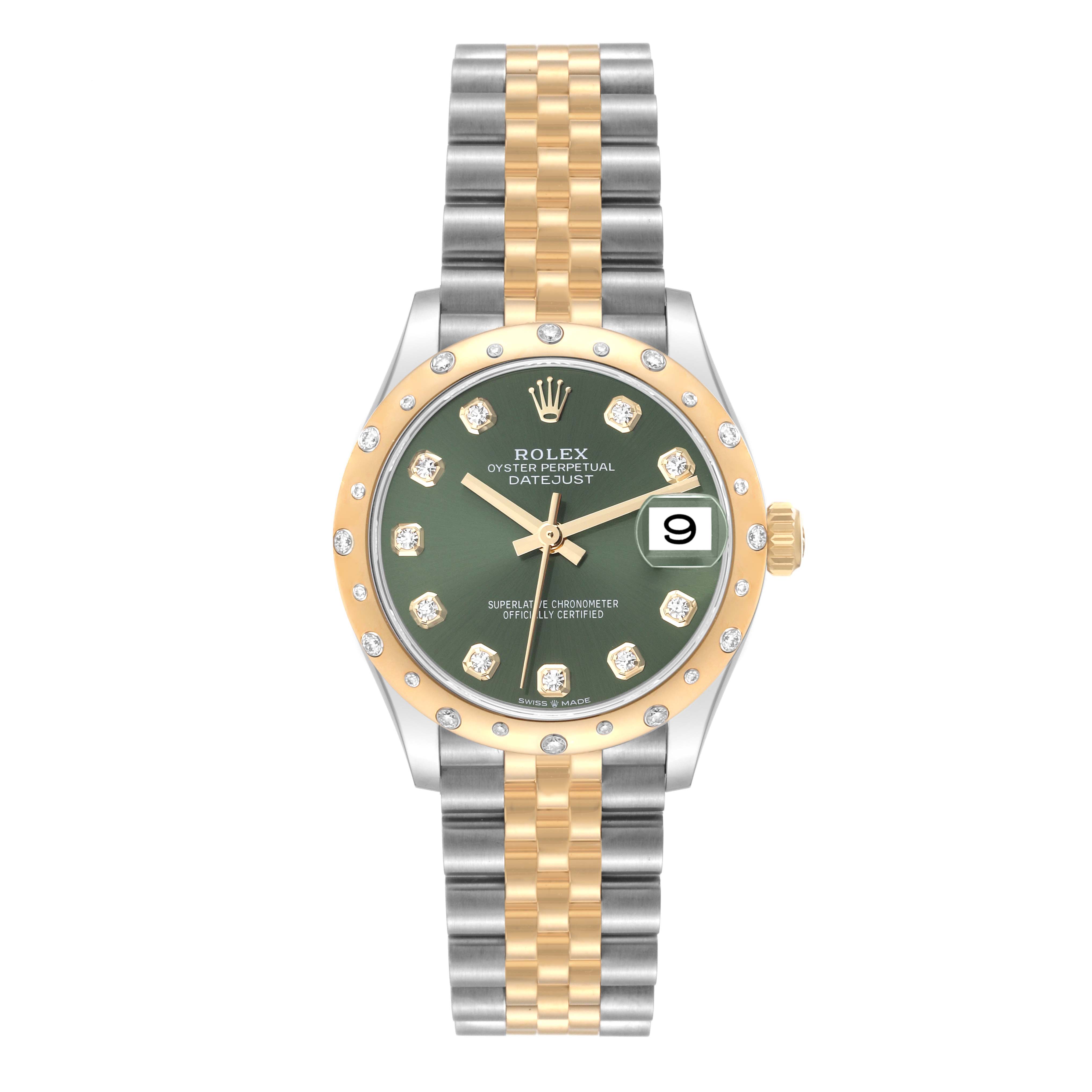 This image shows a front view of a Rolex Mid-Size 278343RBR Women's Steel and Gold (two tone) Green Dial 278343RBR Women's Steel and Gold (two tone) Green Dial Oyster Perpetual Datejust watch, highlighting its green dial, gold bezel, and two-tone bracelet.
