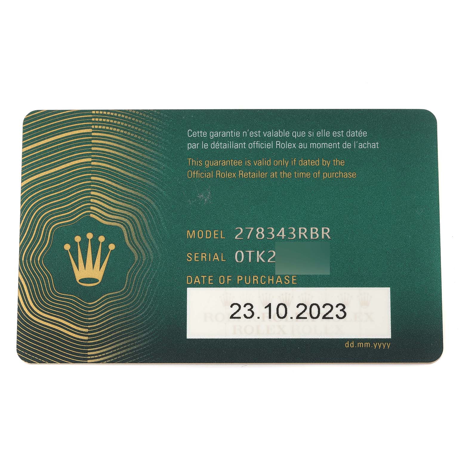 The image shows a guarantee card for a Rolex Mid-Size 278343RBR Women's Steel and Gold (two tone) Green Dial 278343RBR Women's Steel and Gold (two tone) Green Dial model, displaying its model number, serial number, and purchase date.