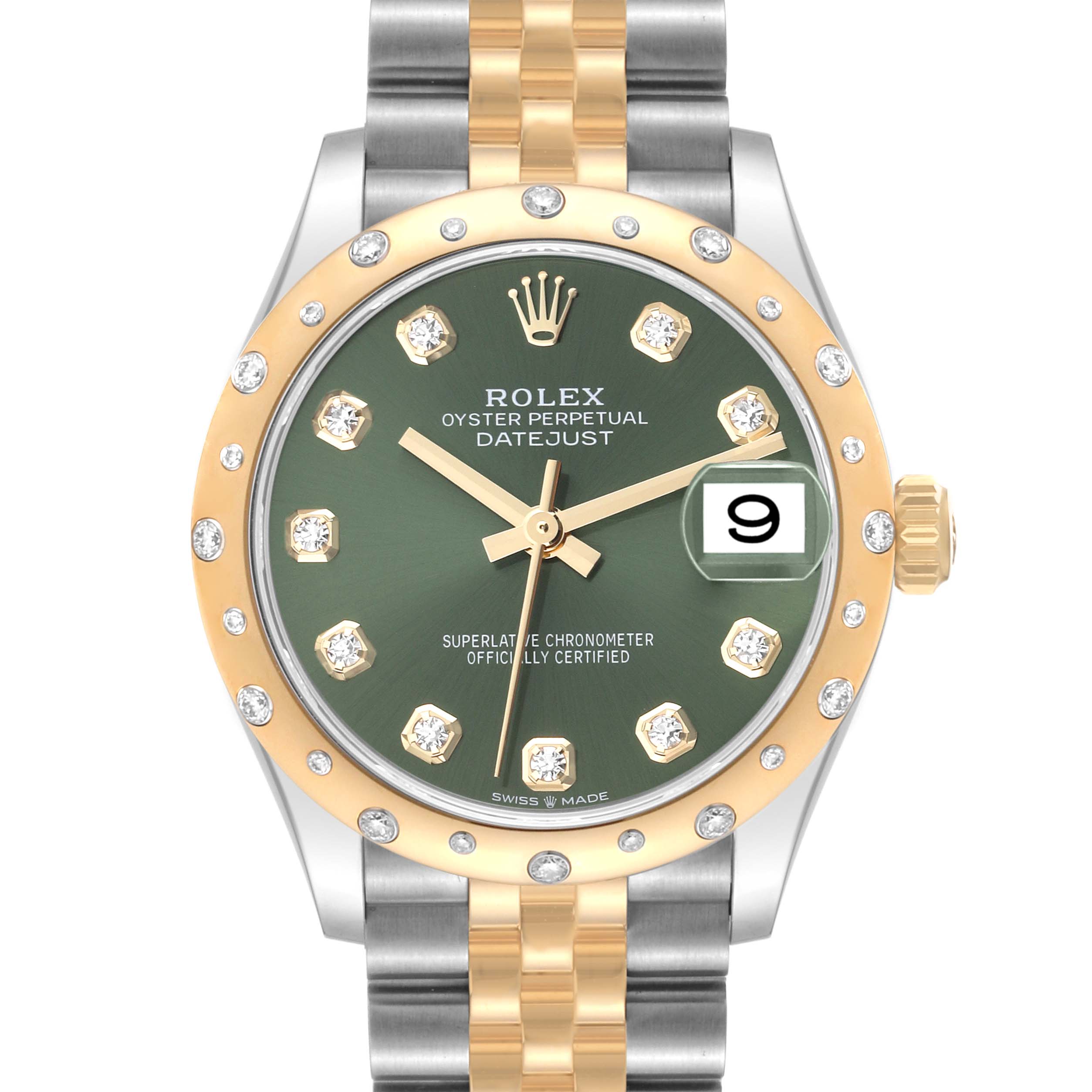 The Rolex Mid-Size 278343RBR Women's Steel and Gold (two tone) Green Dial 278343RBR Women's Steel and Gold (two tone) Green Dial Datejust watch is shown from the front, capturing its face, bezel, and part of the bracelet.