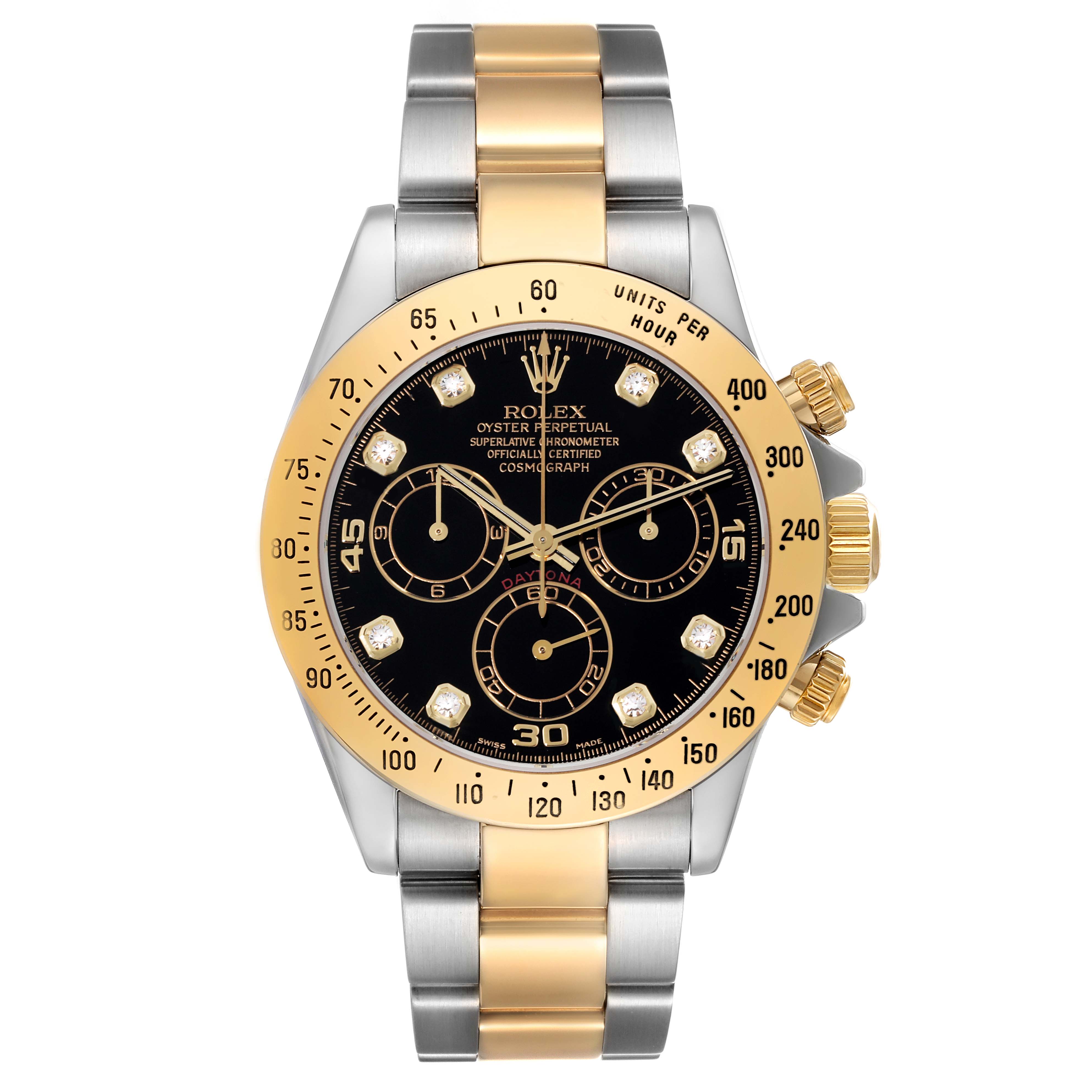 The image shows the front view of a Rolex Daytona 116523 Men
s Steel and Gold (two tone) Black Dial 116523 Men
s Steel and Gold (two tone) Black Dial watch, highlighting the face, bezel, and bracelet.