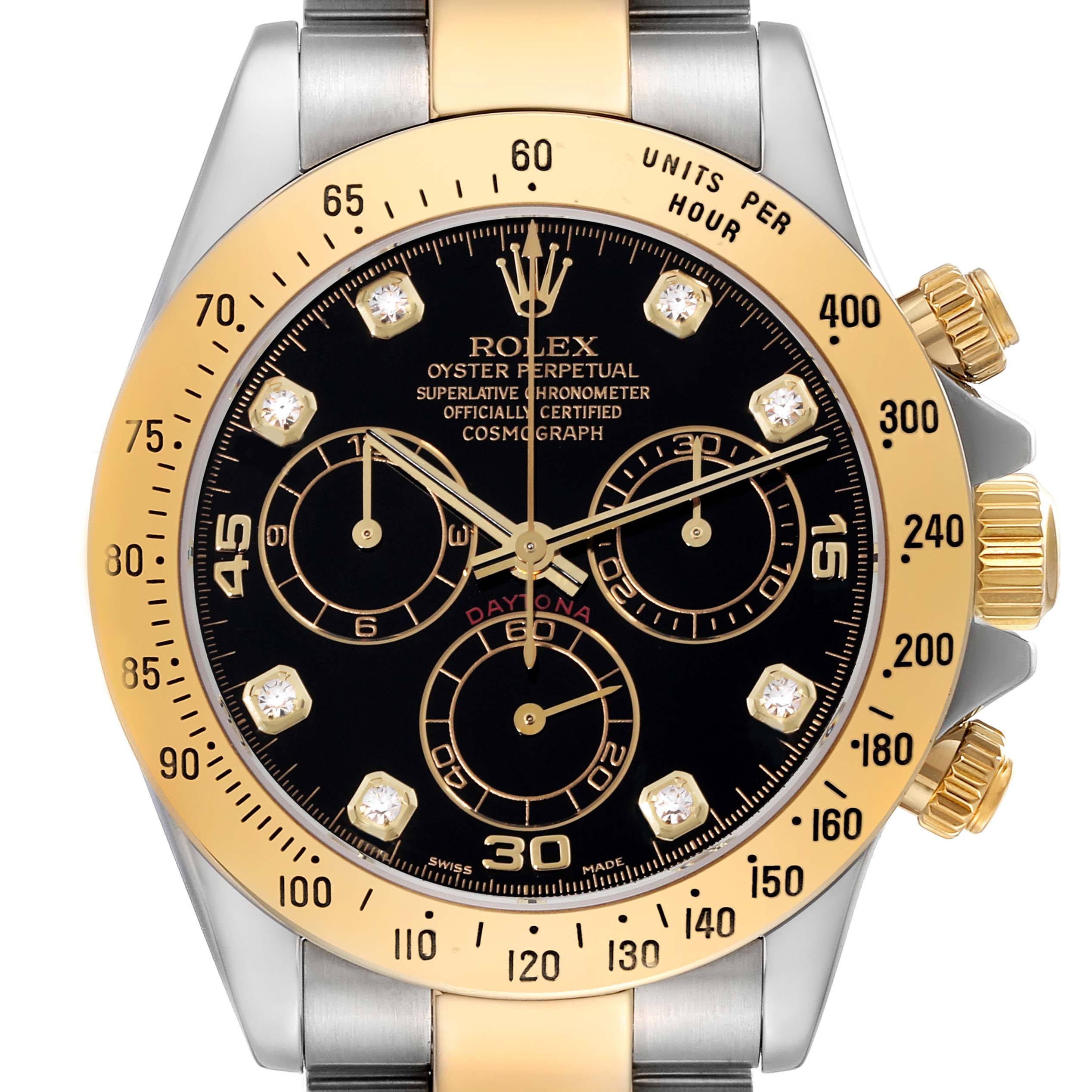 The image shows a front view of the Rolex Daytona 116523 Men
s Steel and Gold (two tone) Black Dial 116523 Men
s Steel and Gold (two tone) Black Dial watch, highlighting the dial, bezel, pushers, and crown.