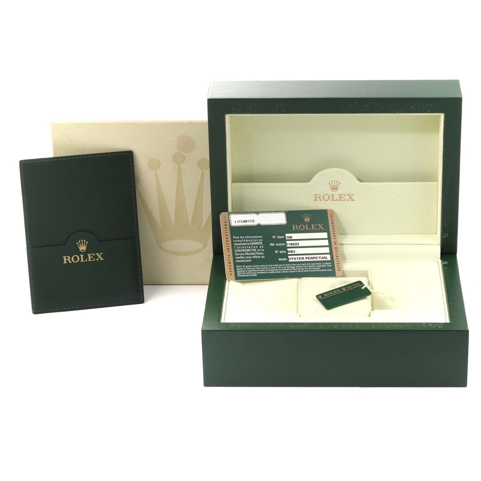 The image shows a Rolex Daytona 116523 Men
s Steel and Gold (two tone) Black Dial 116523 Men
s Steel and Gold (two tone) Black Dial watch box, warranty card, and accessories from a front angle.