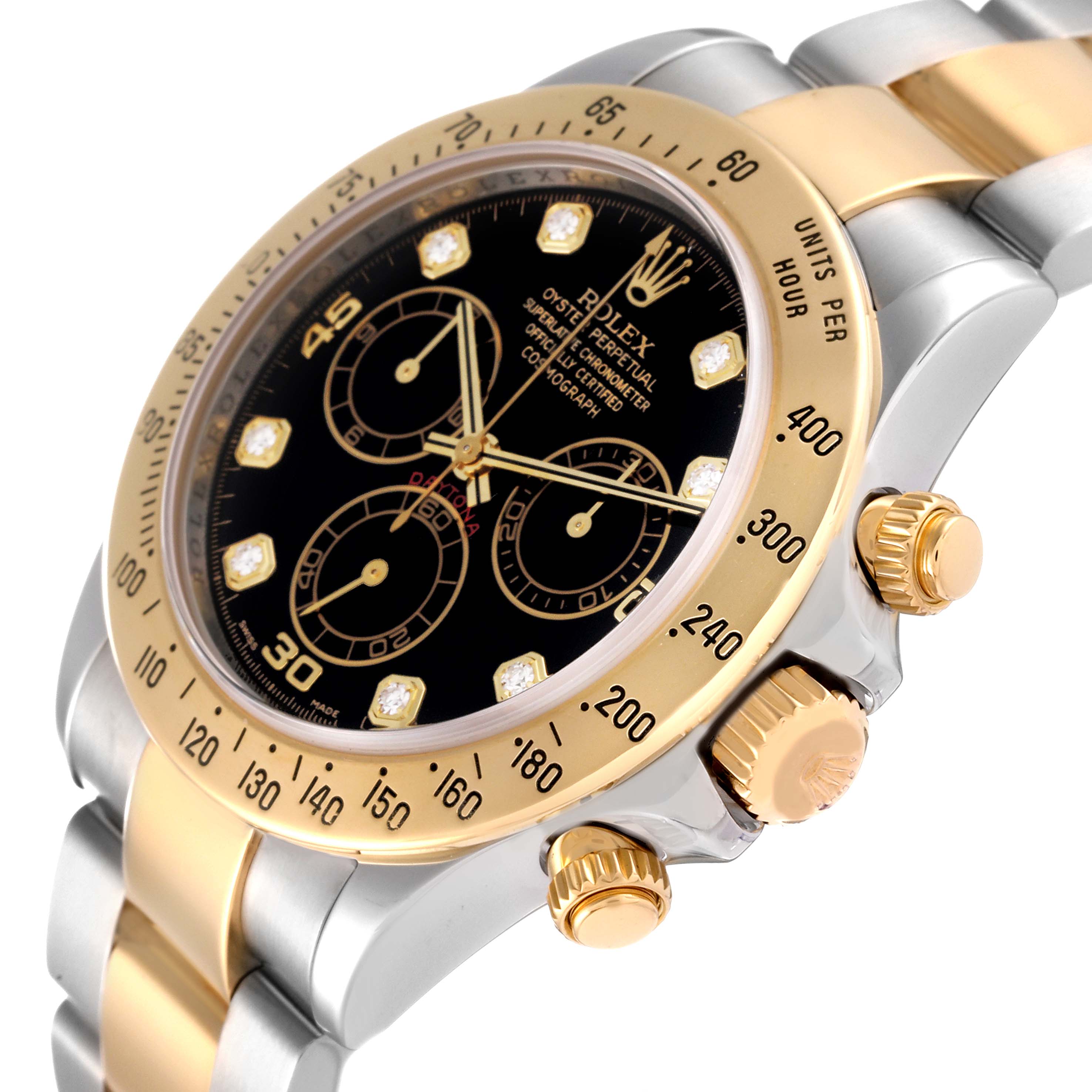 This image shows a close-up of a Rolex Daytona 116523 Men
s Steel and Gold (two tone) Black Dial 116523 Men
s Steel and Gold (two tone) Black Dial watch, highlighting its bezel, crown, push buttons, and part of the bracelet.
