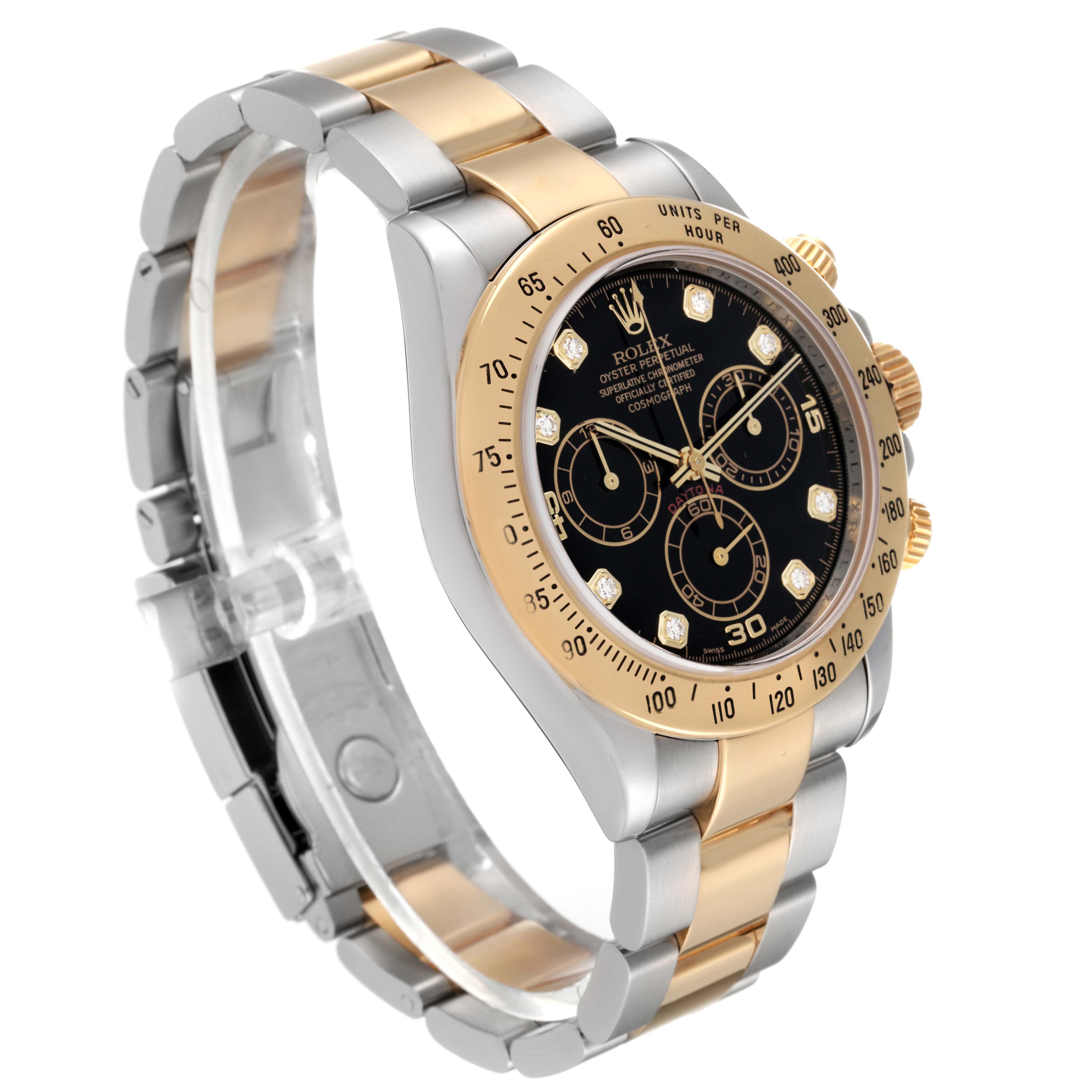 The Rolex Daytona 116523 Men
s Steel and Gold (two tone) Black Dial 116523 Men
s Steel and Gold (two tone) Black Dial watch is shown from a three-quarter angle, highlighting its two-tone bracelet, black dial, and gold bezel.