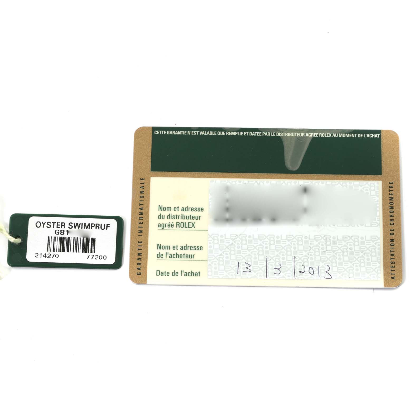 The image shows the warranty card and tag for a Rolex Explorer 214270 Men
s Stainless Steel Black Dial 214270 Men
s Stainless Steel Black Dial watch, including the purchase date and model details.