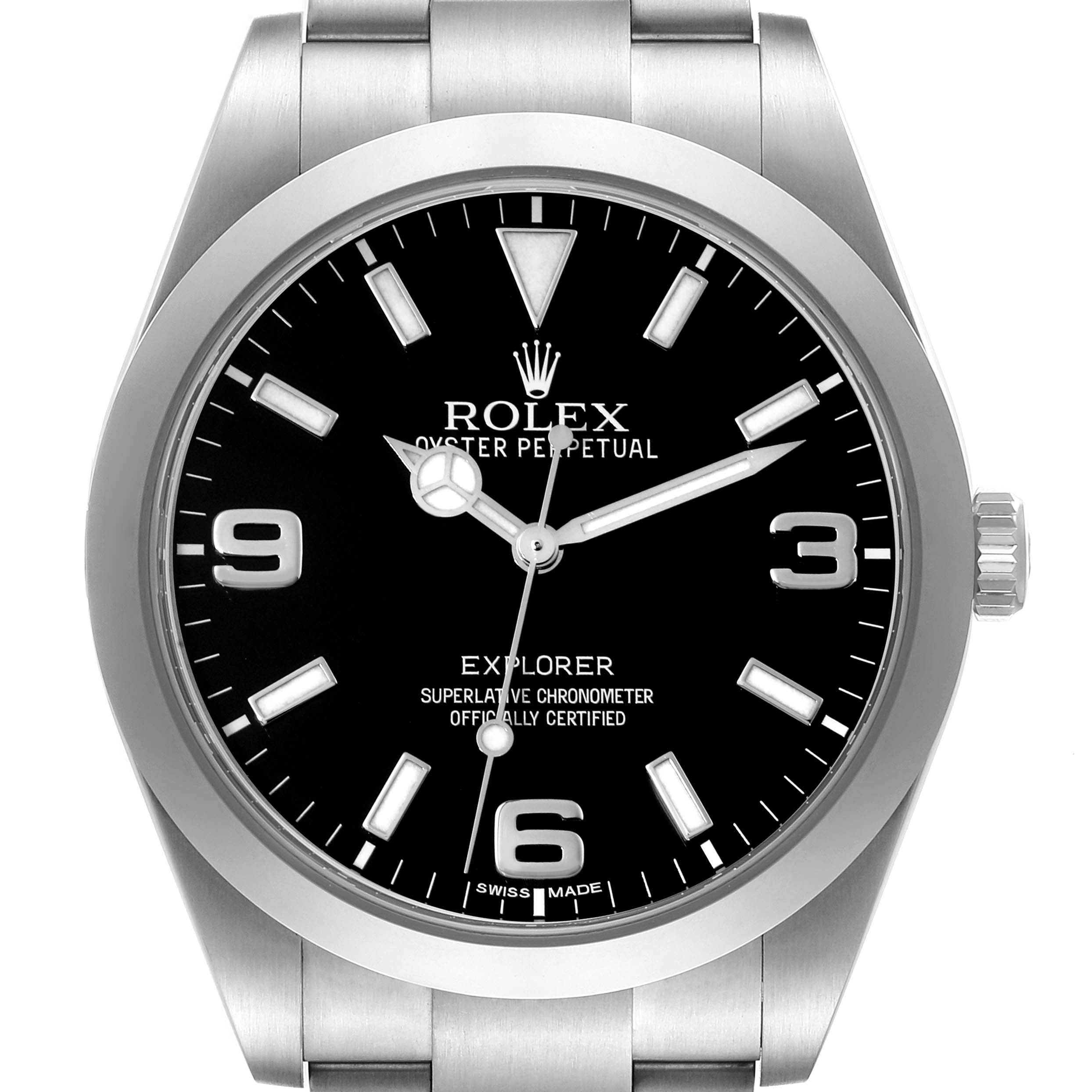 The image shows a front view of the Rolex Explorer 214270 Men
s Stainless Steel Black Dial 214270 Men
s Stainless Steel Black Dial model watch, highlighting its black dial and stainless steel bracelet.